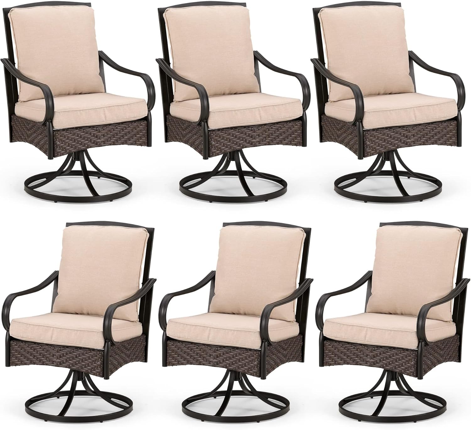 PHI VILLA Patio Swivel Chairs Set of 2, Heavy Duty Outdoor Metal Wicker Dining Chair with Thickened Cushions, Large All Weather Wrought Iron Deck Chair Lawn Furniture Support 300lbs