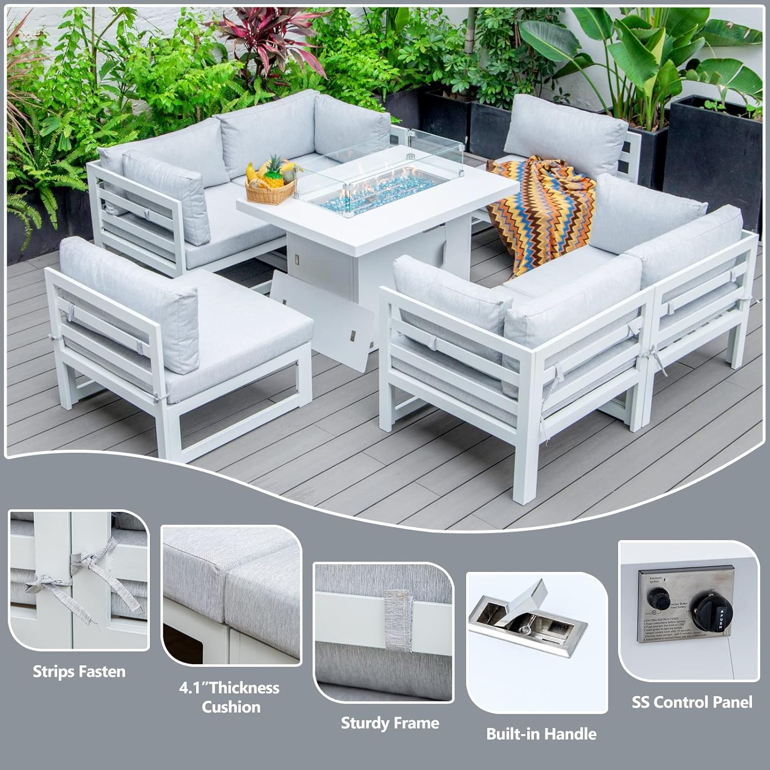 RADIATA 7 Piece Luxury Aluminum Outdoor Sectional Sofa with Fire Pit Table, Oversized L Shaped Patio Furniture Set, 29 inch Deep Wide Seating, 500 lbs Heavy Duty Comfy Conversation Set for Yard, White