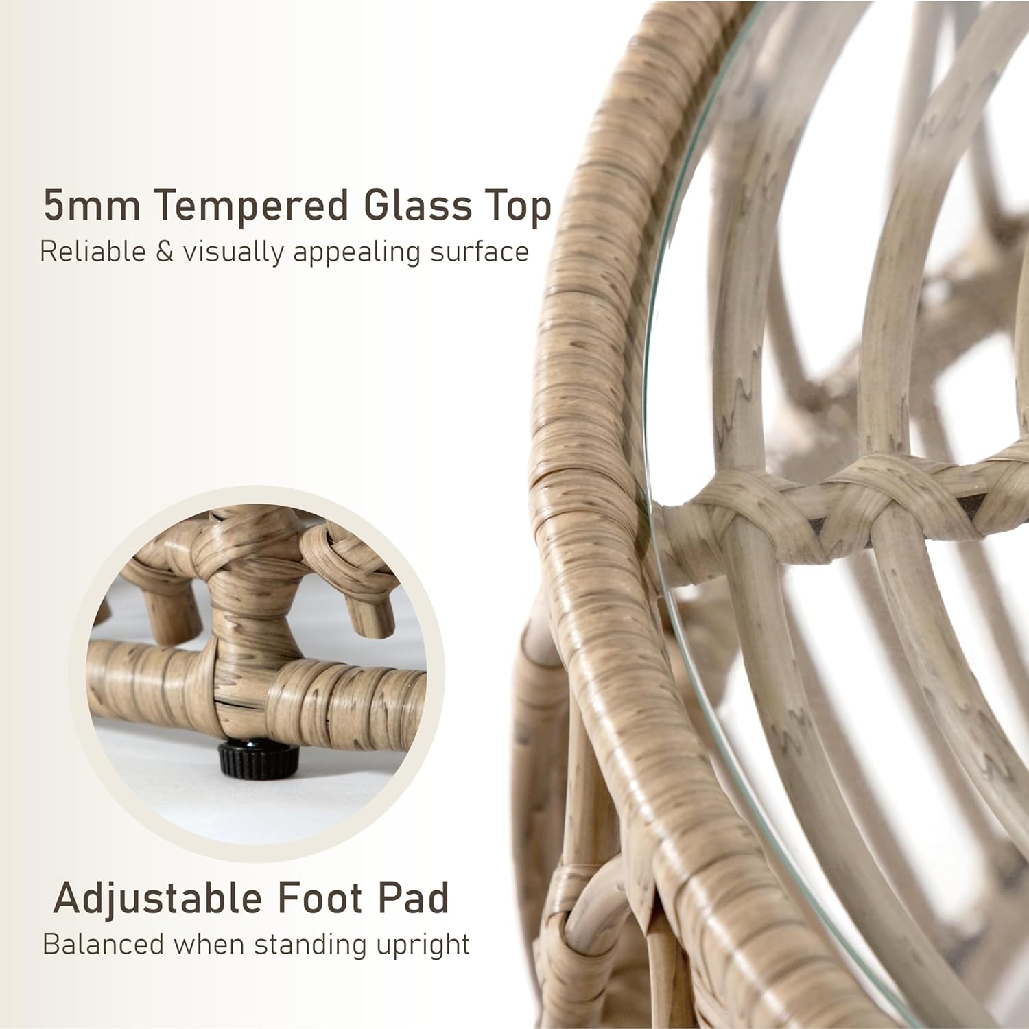 Furniture of America Ysar Boho Rattan Round Coffee Table Outdoor with 5mm Tempered Glass Top, All-Weather and Rust Resistant Patio Furniture