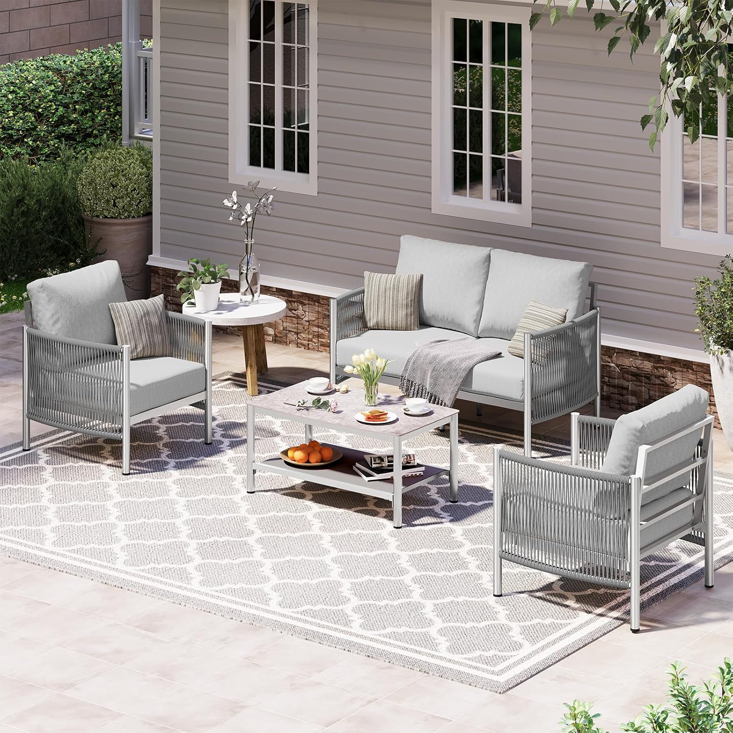 Aluminum Outdoor Patio Furniture Set, HDPE Rope 5 Piece Modern Sectional Conversation Sets with Dual-Layer Coffee Table, All Weather Patio Couch Sofa with Thick Cushions, Silver Frame, Beige
