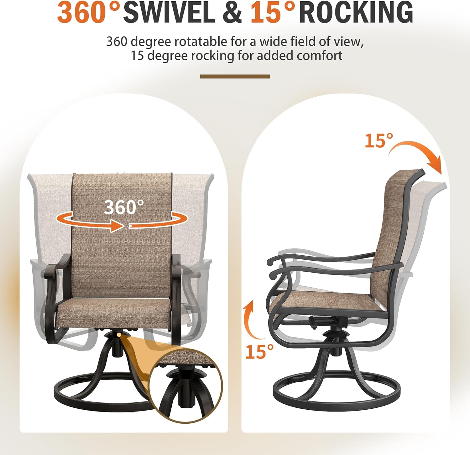 UDPATIO Patio Swivel Chairs Set of 4, Outdoor Patio Dining Chairs with All Weather Textilene Black Metal Frame for Lawn Garden Backyard, Brown