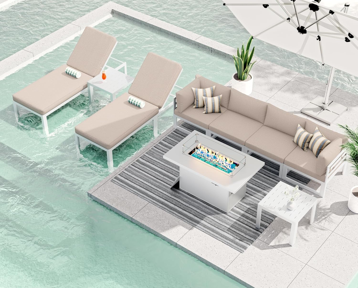 RADIATA 7 Piece Luxury Aluminum Outdoor Sectional Sofa with Fire Pit Table, Oversized L Shaped Patio Furniture Set, 29 inch Deep Wide Seating, 500 lbs Heavy Duty Comfy Conversation Set for Yard, White