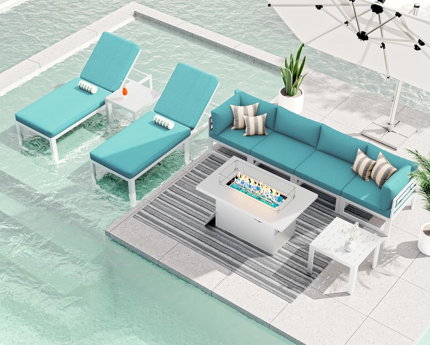 RADIATA 7 Piece Luxury Aluminum Outdoor Sectional Sofa with Fire Pit Table, Oversized L Shaped Patio Furniture Set, 29 inch Deep Wide Seating, 500 lbs Heavy Duty Comfy Conversation Set for Yard, White