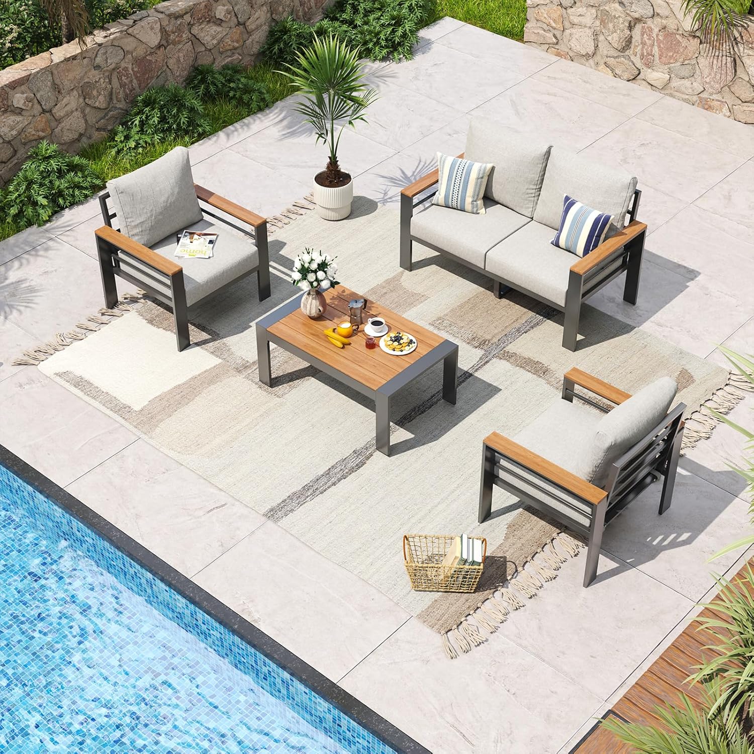 Aoxun Aluminum Patio Furniture Set 5 Seats, Oversized Outdoor Sectional with Washable Thick Cushions, Coffee Table, Patio Conversation Sets for Porch, Balcony, Deck