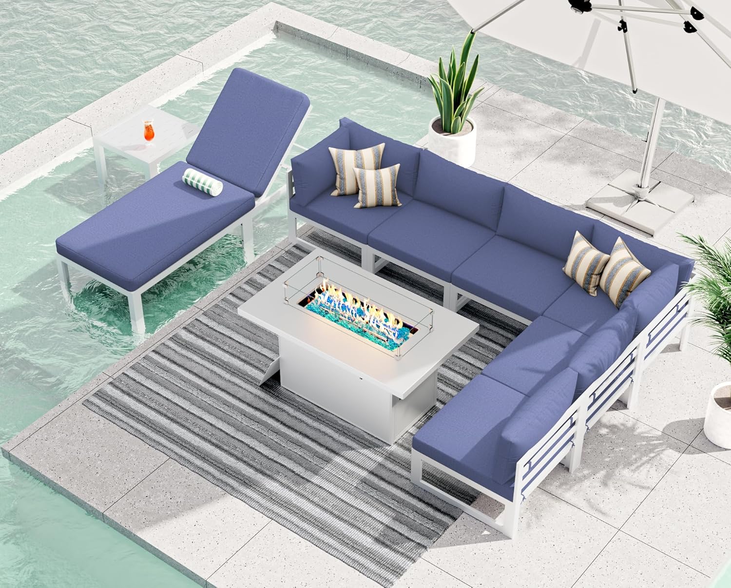 RADIATA 7 Piece Luxury Aluminum Outdoor Sectional Sofa with Fire Pit Table, Oversized L Shaped Patio Furniture Set, 29 inch Deep Wide Seating, 500 lbs Heavy Duty Comfy Conversation Set for Yard, White
