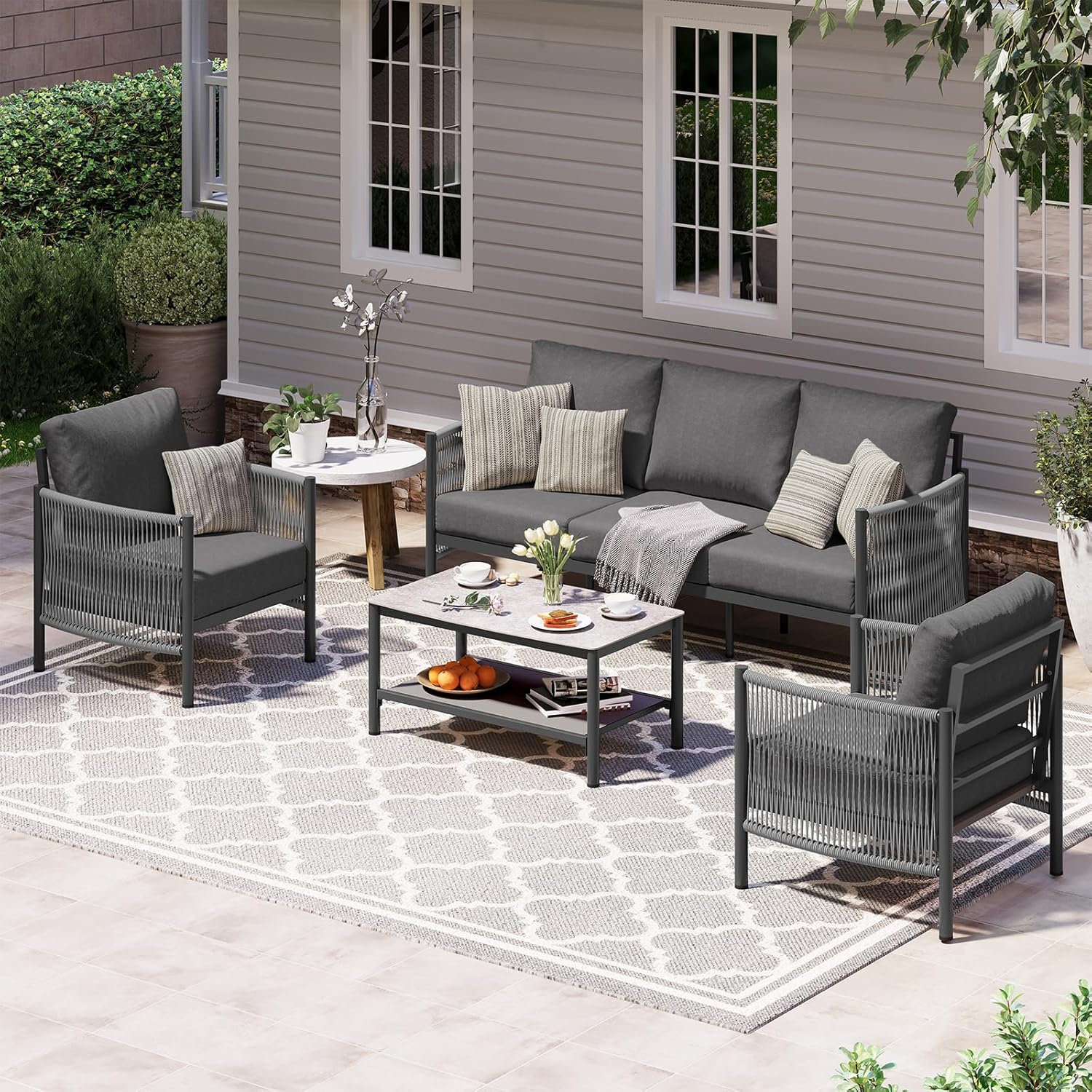 Aluminum Outdoor Patio Furniture Set, HDPE Rope 5 Piece Modern Sectional Conversation Sets with Dual-Layer Coffee Table, All Weather Patio Couch Sofa with Thick Cushions, Silver Frame, Beige