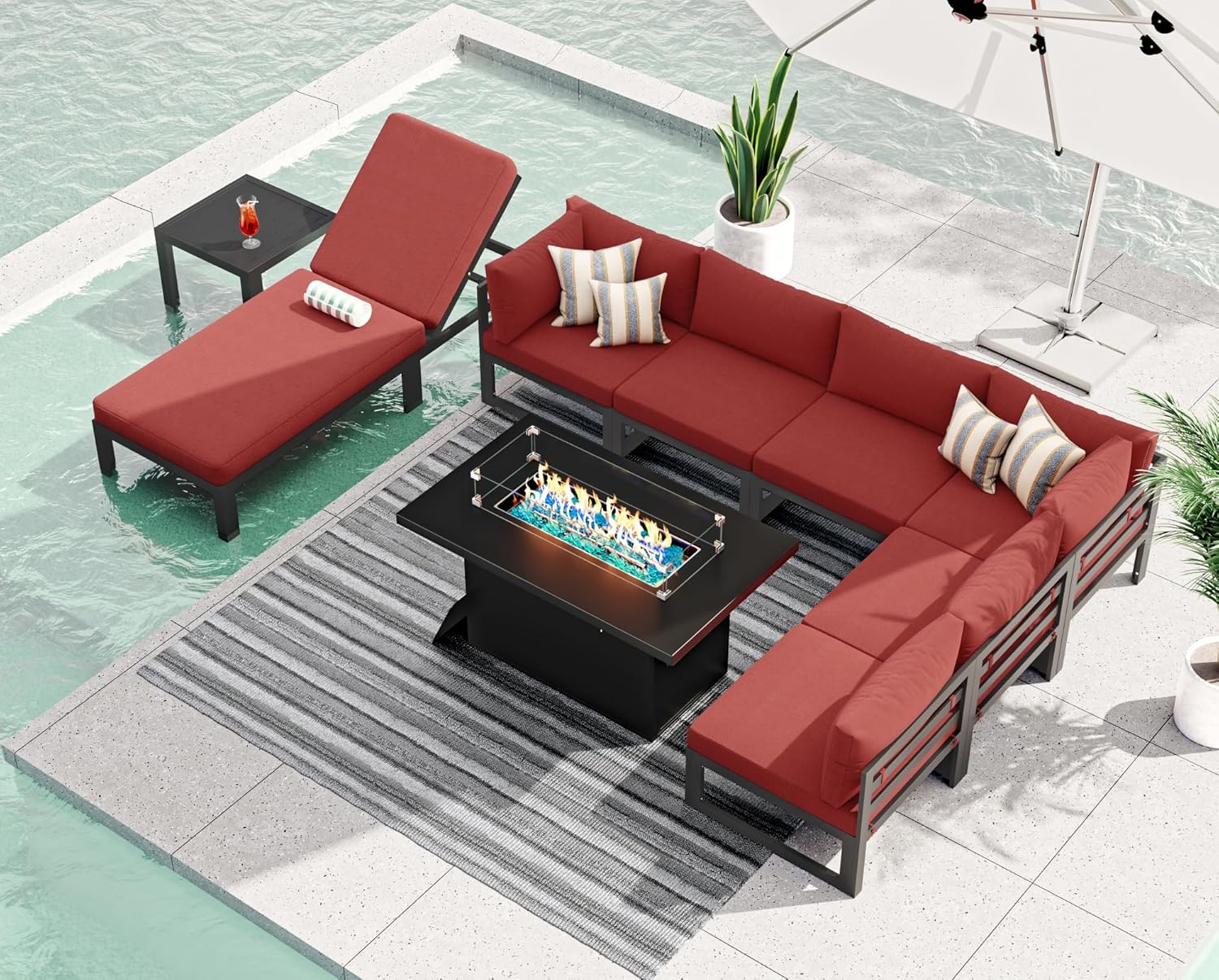 RADIATA 7 Piece Luxury Aluminum Outdoor Sectional Sofa with Fire Pit Table, Oversized L Shaped Patio Furniture Set, 29 inch Deep Wide Seating, 500 lbs Heavy Duty Comfy Conversation Set for Yard, White