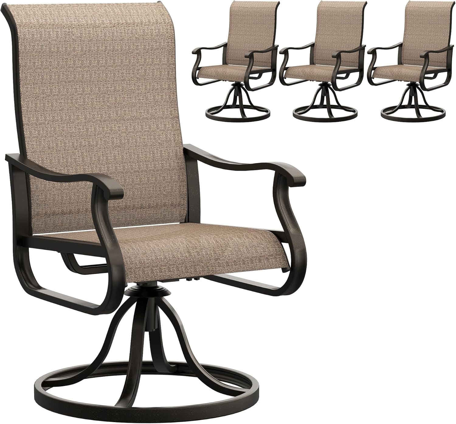 UDPATIO Patio Swivel Chairs Set of 4, Outdoor Patio Dining Chairs with All Weather Textilene Black Metal Frame for Lawn Garden Backyard, Brown
