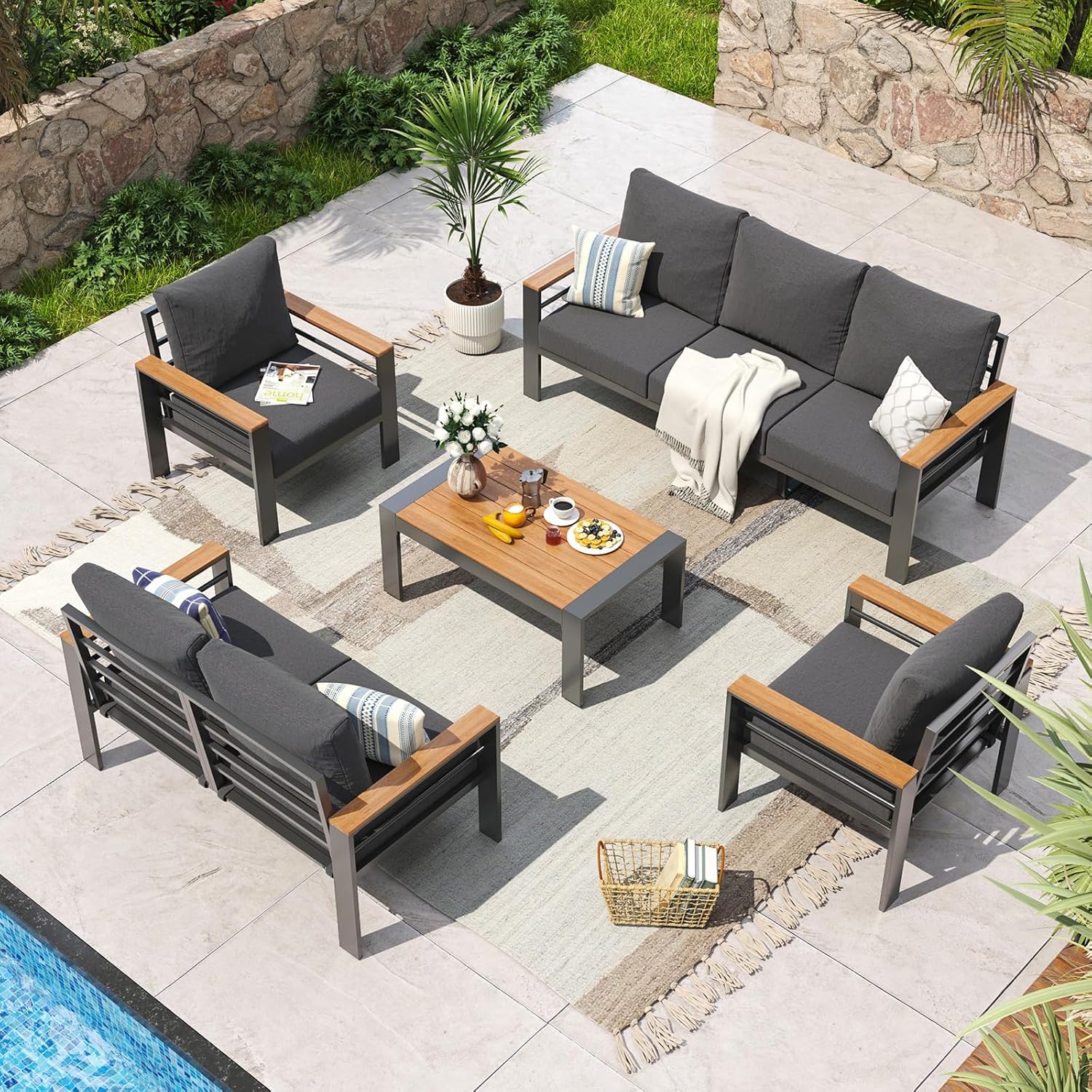 Aoxun Aluminum Patio Furniture Set 5 Seats, Oversized Outdoor Sectional with Washable Thick Cushions, Coffee Table, Patio Conversation Sets for Porch, Balcony, Deck