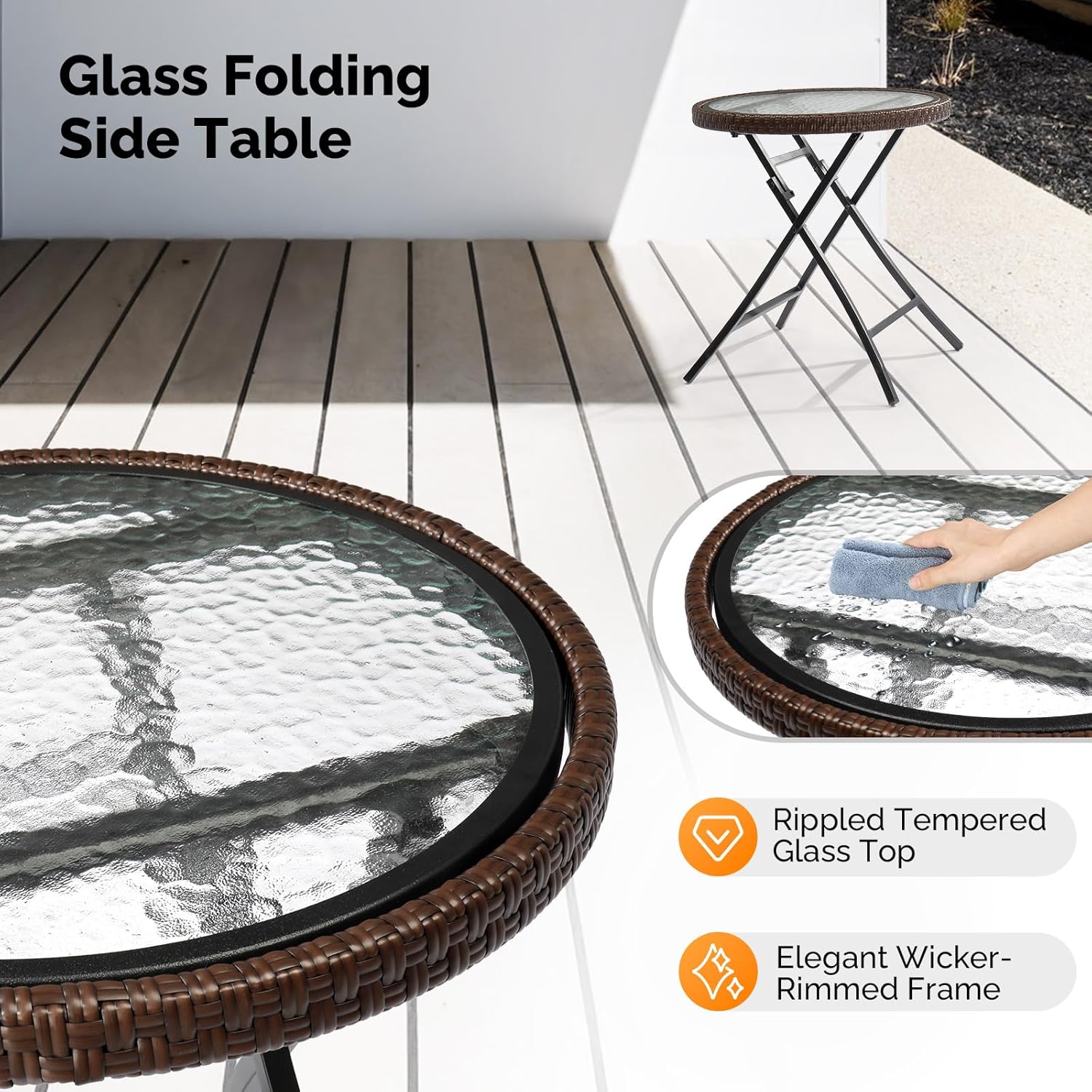 VINGLI Modern Brown Rattan Folding Glass Outdoor Side Table, Small Patio Table with Tempered Glass Top, Round, 1 Pack