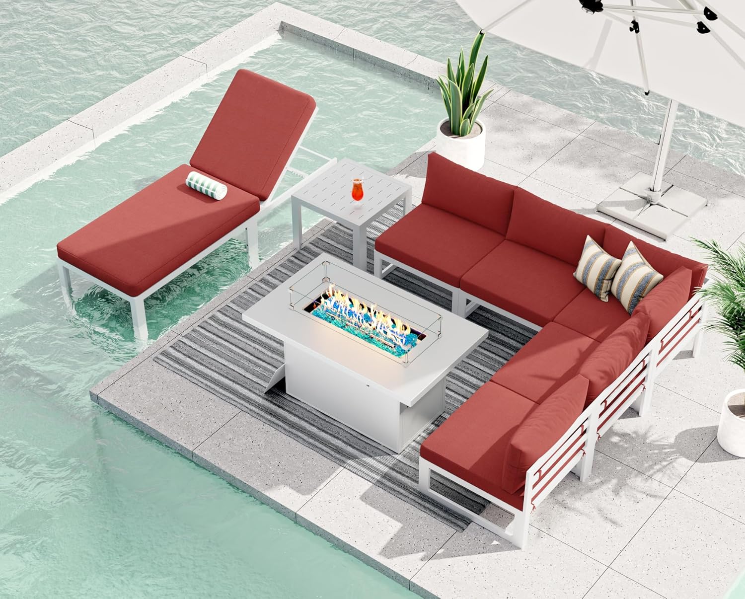 RADIATA 7 Piece Luxury Aluminum Outdoor Sectional Sofa with Fire Pit Table, Oversized L Shaped Patio Furniture Set, 29 inch Deep Wide Seating, 500 lbs Heavy Duty Comfy Conversation Set for Yard, White