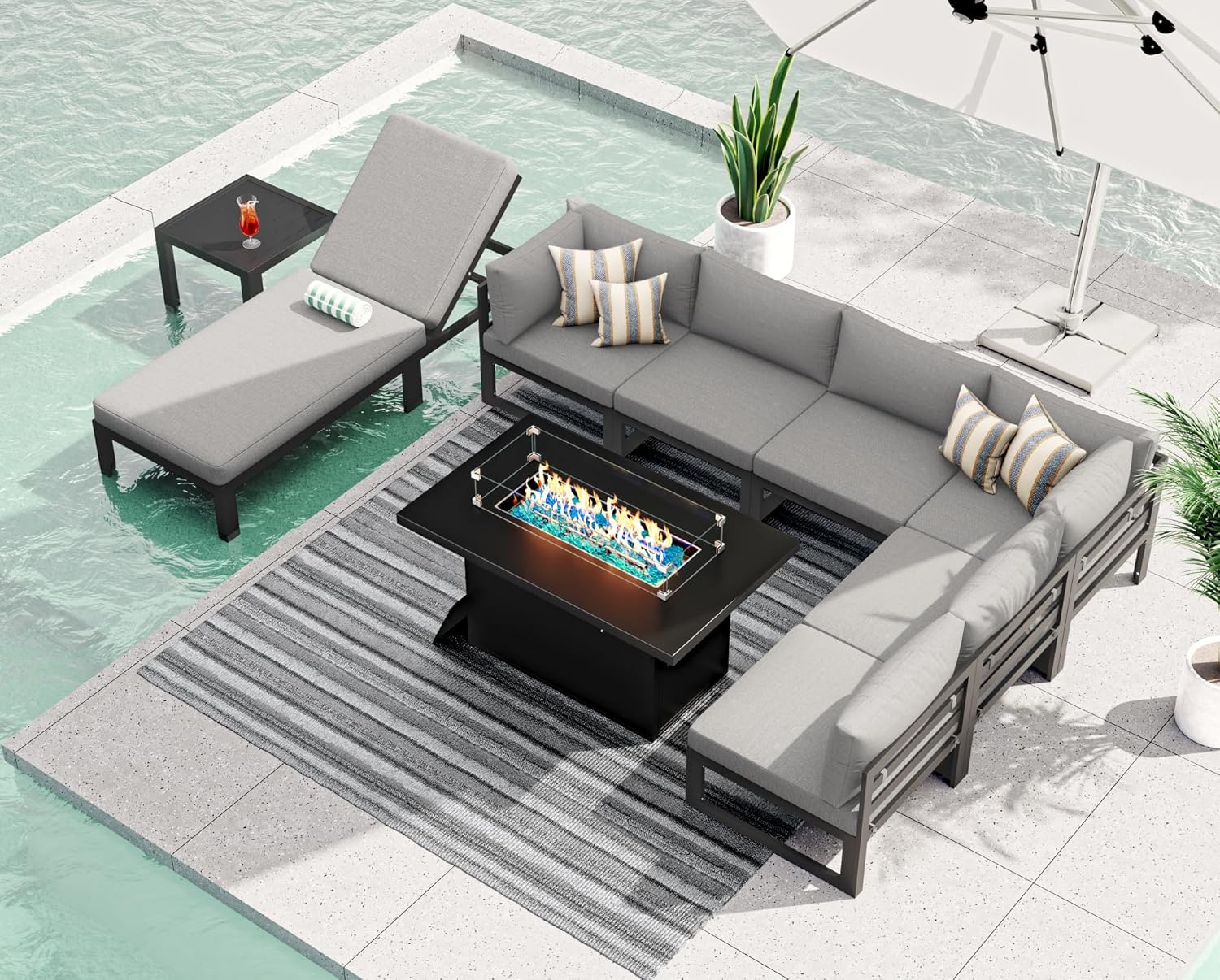 RADIATA 7 Piece Luxury Aluminum Outdoor Sectional Sofa with Fire Pit Table, Oversized L Shaped Patio Furniture Set, 29 inch Deep Wide Seating, 500 lbs Heavy Duty Comfy Conversation Set for Yard, White