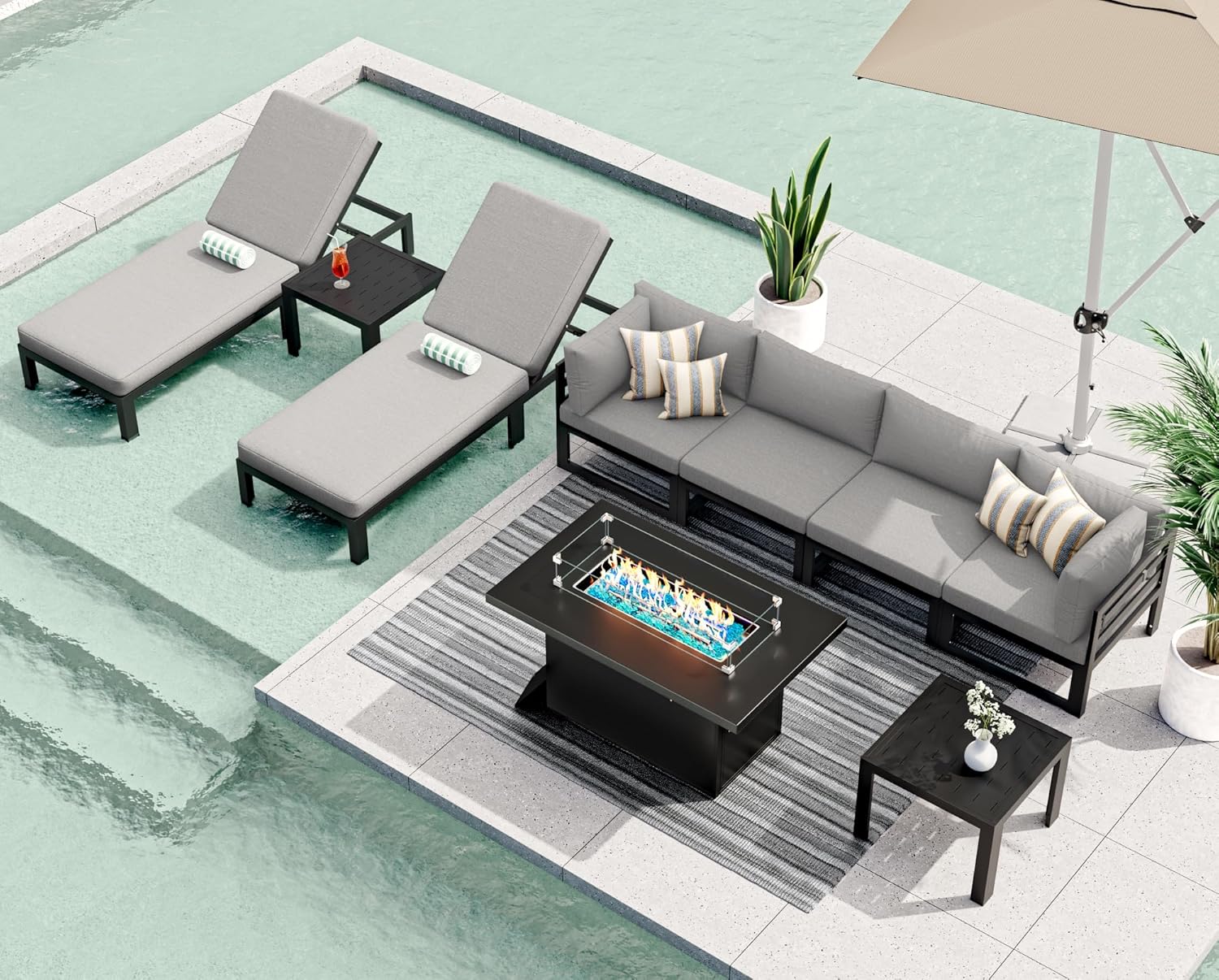 RADIATA 7 Piece Luxury Aluminum Outdoor Sectional Sofa with Fire Pit Table, Oversized L Shaped Patio Furniture Set, 29 inch Deep Wide Seating, 500 lbs Heavy Duty Comfy Conversation Set for Yard, White