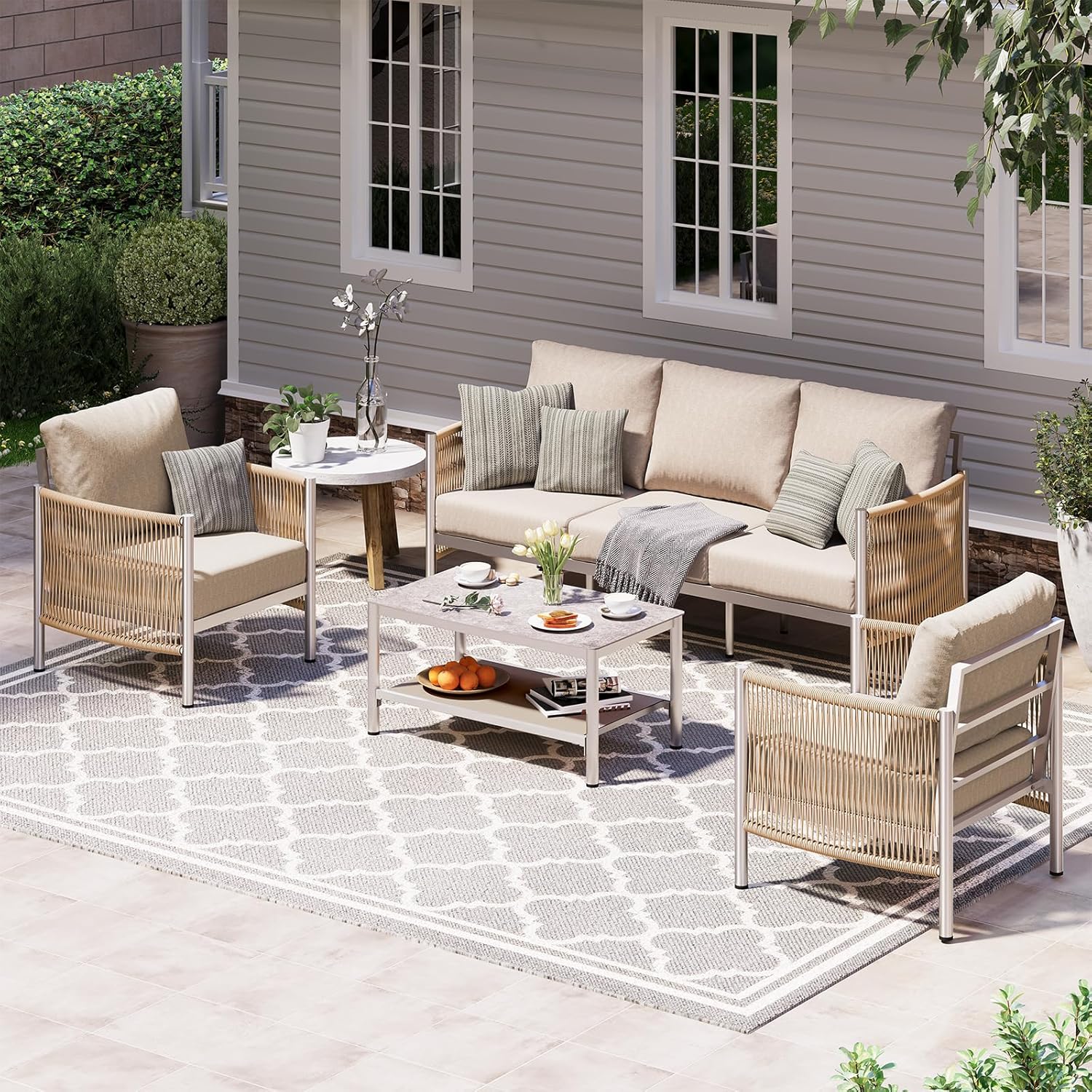 Aluminum Outdoor Patio Furniture Set, HDPE Rope 5 Piece Modern Sectional Conversation Sets with Dual-Layer Coffee Table, All Weather Patio Couch Sofa with Thick Cushions, Silver Frame, Beige