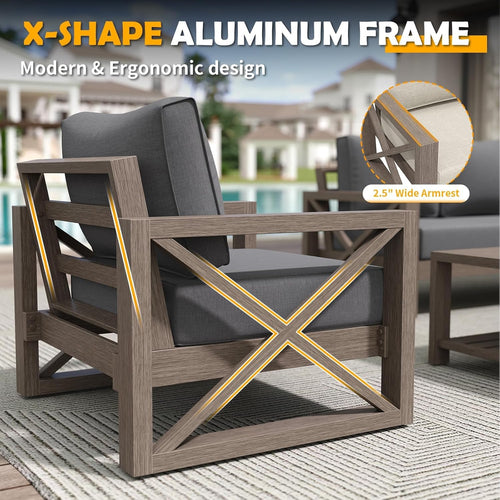 Amopatio Aluminum Patio Furniture Set with Fire Pit, 8 Pcs Metal Patio Sofa Couch Sets with Aluminum Fire Pit Table, Modern Outdoor Furniture with 6" Cushion, Dark Grey (Included Waterproof Covers)