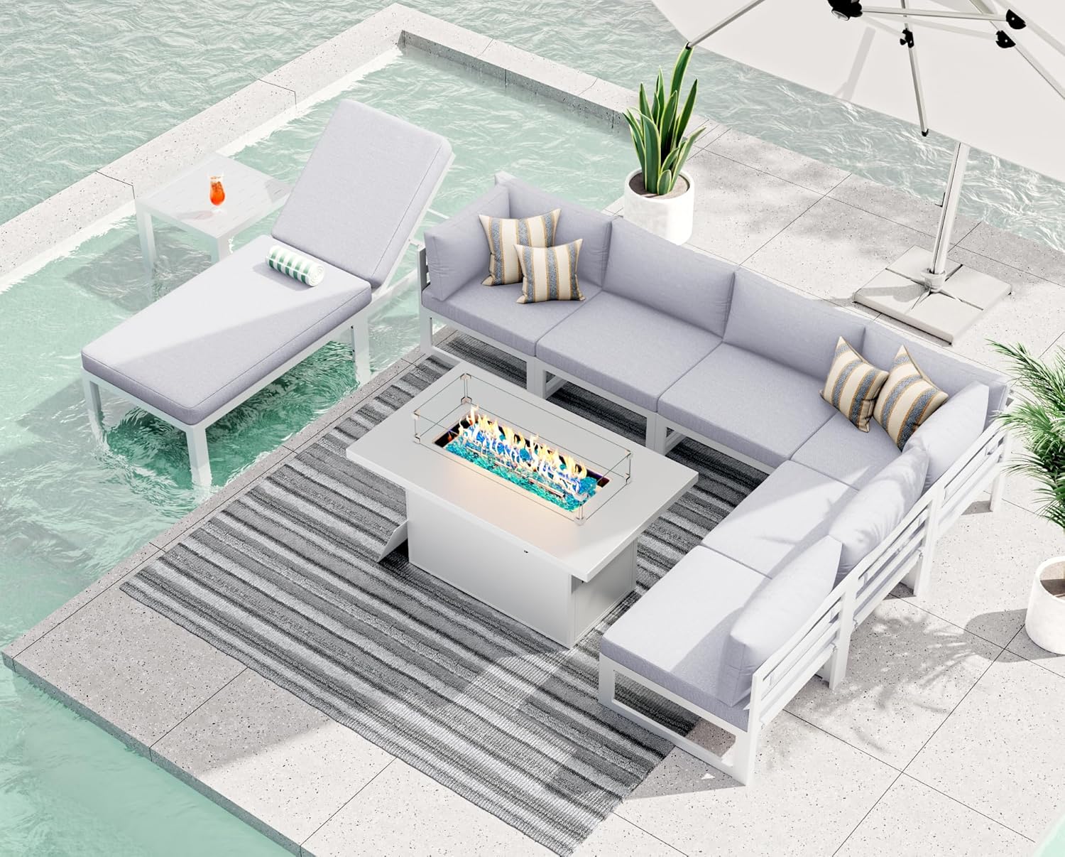 RADIATA 7 Piece Luxury Aluminum Outdoor Sectional Sofa with Fire Pit Table, Oversized L Shaped Patio Furniture Set, 29 inch Deep Wide Seating, 500 lbs Heavy Duty Comfy Conversation Set for Yard, White