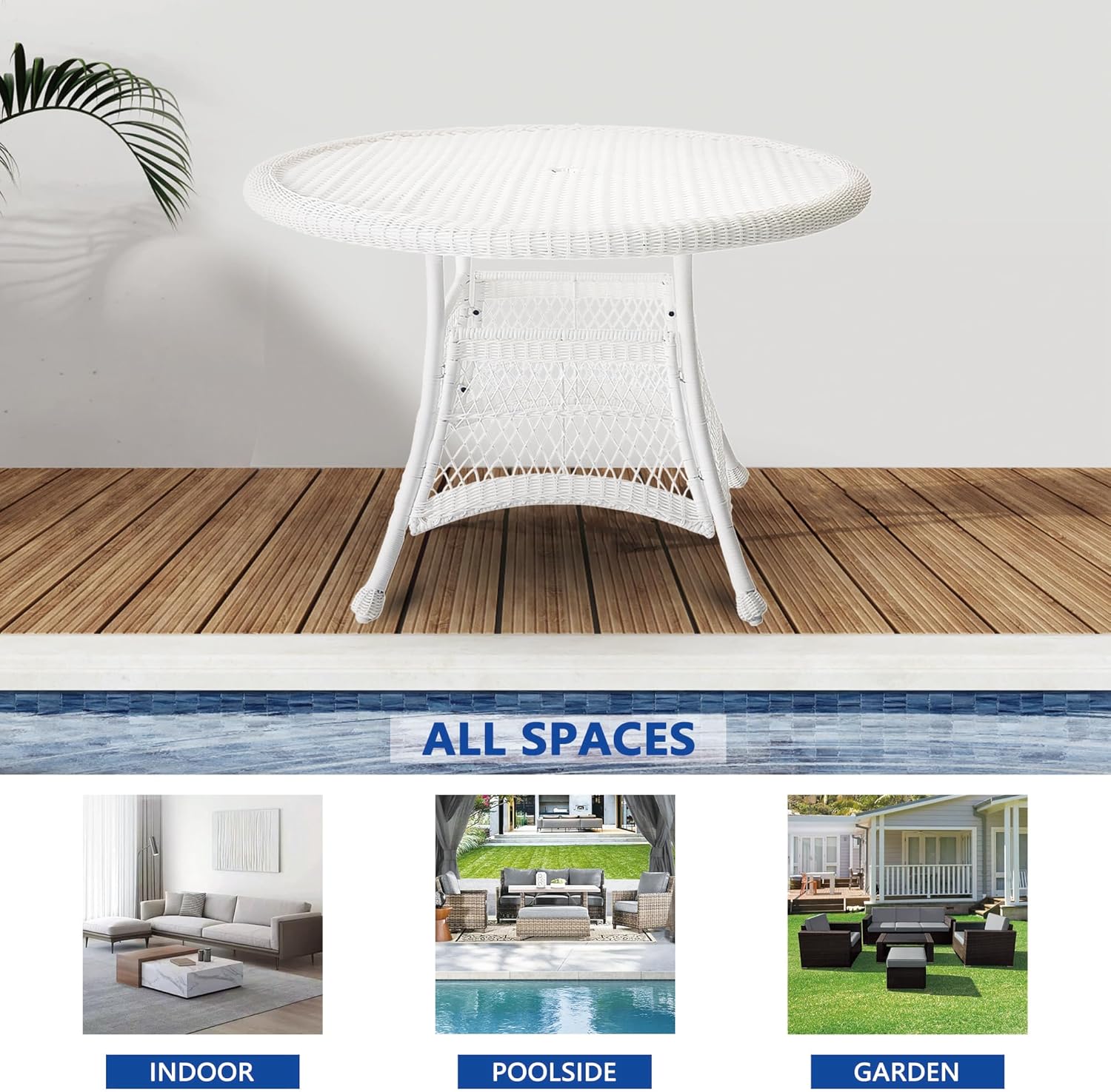 Jeco Wicker Round Dining Table, 44", White