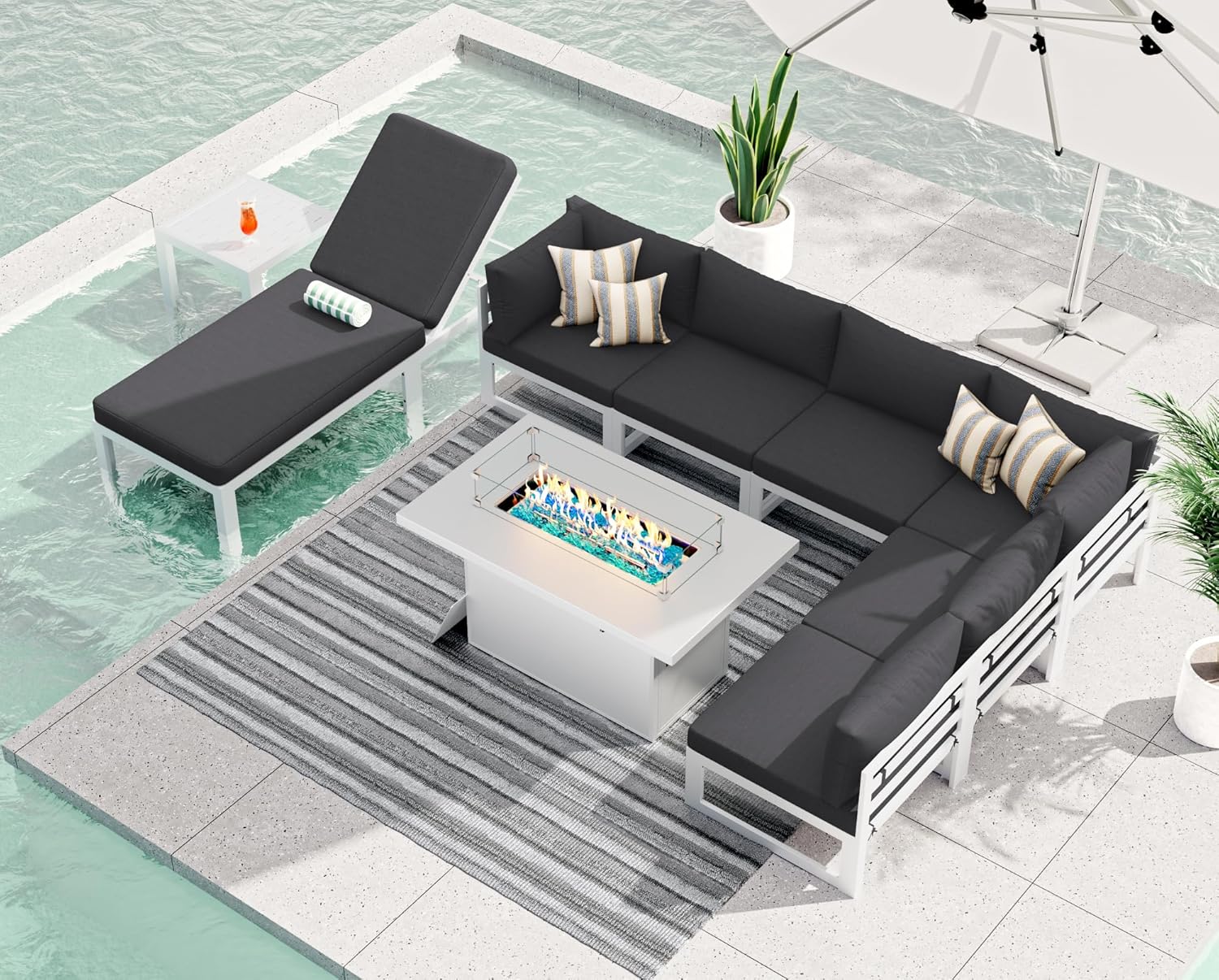 RADIATA 7 Piece Luxury Aluminum Outdoor Sectional Sofa with Fire Pit Table, Oversized L Shaped Patio Furniture Set, 29 inch Deep Wide Seating, 500 lbs Heavy Duty Comfy Conversation Set for Yard, White