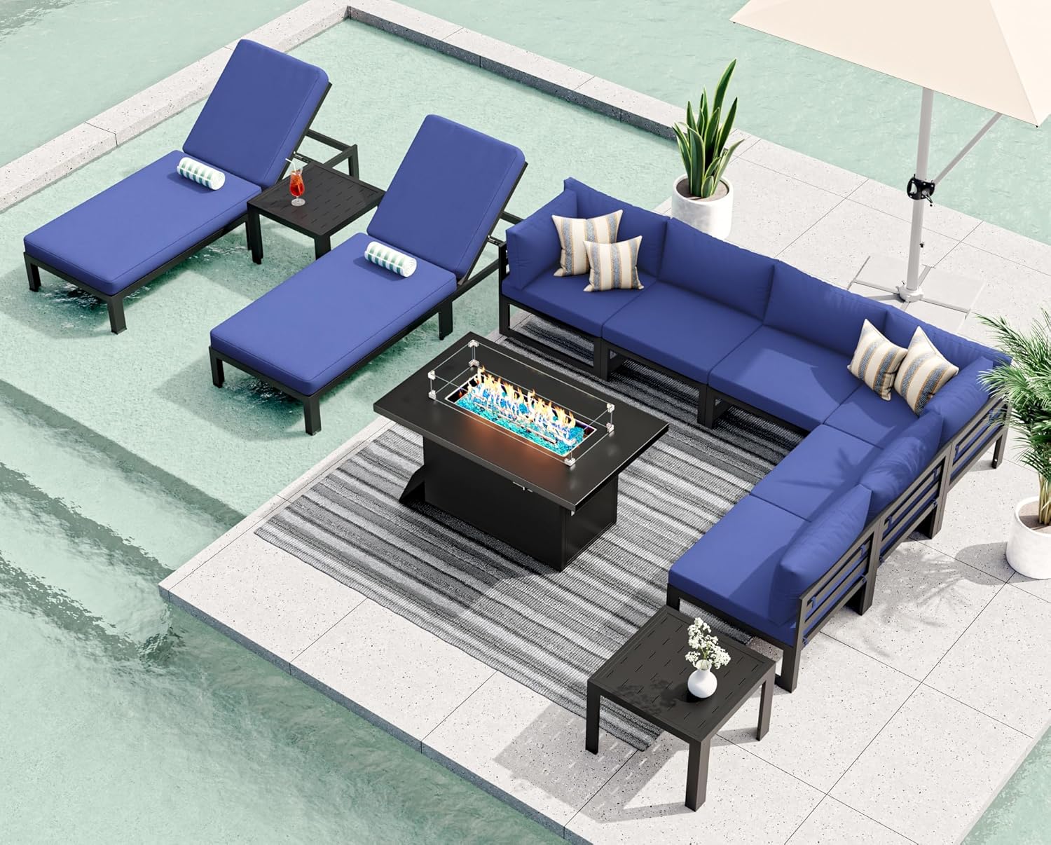 RADIATA 7 Piece Luxury Aluminum Outdoor Sectional Sofa with Fire Pit Table, Oversized L Shaped Patio Furniture Set, 29 inch Deep Wide Seating, 500 lbs Heavy Duty Comfy Conversation Set for Yard, White
