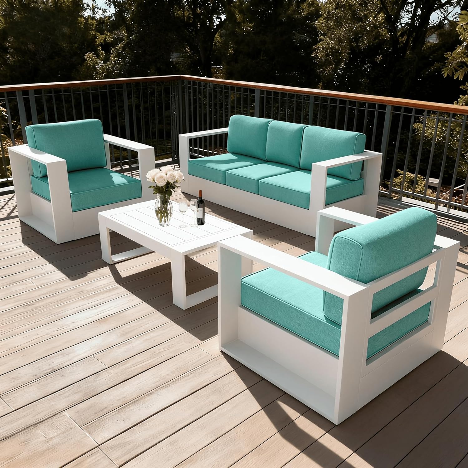 LayinSun Oversized Aluminum Outdoor Furniture Set, 5 Piece Patio Sofa Sets with Coffee Table, Deep Seating and Upgraded 6-inch Cushions for Porch, Balcony, Deck