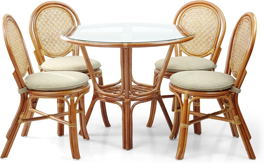 Pelangi Rattan Wicker Round Dining Table with Glass Top, Colonial