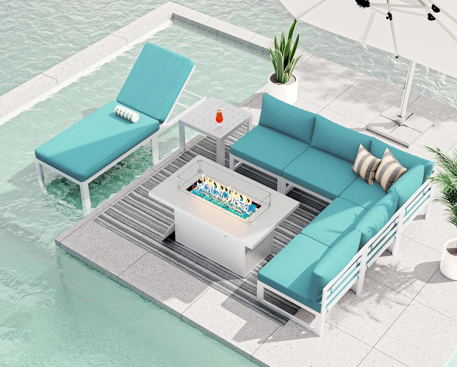 RADIATA 7 Piece Luxury Aluminum Outdoor Sectional Sofa with Fire Pit Table, Oversized L Shaped Patio Furniture Set, 29 inch Deep Wide Seating, 500 lbs Heavy Duty Comfy Conversation Set for Yard, White