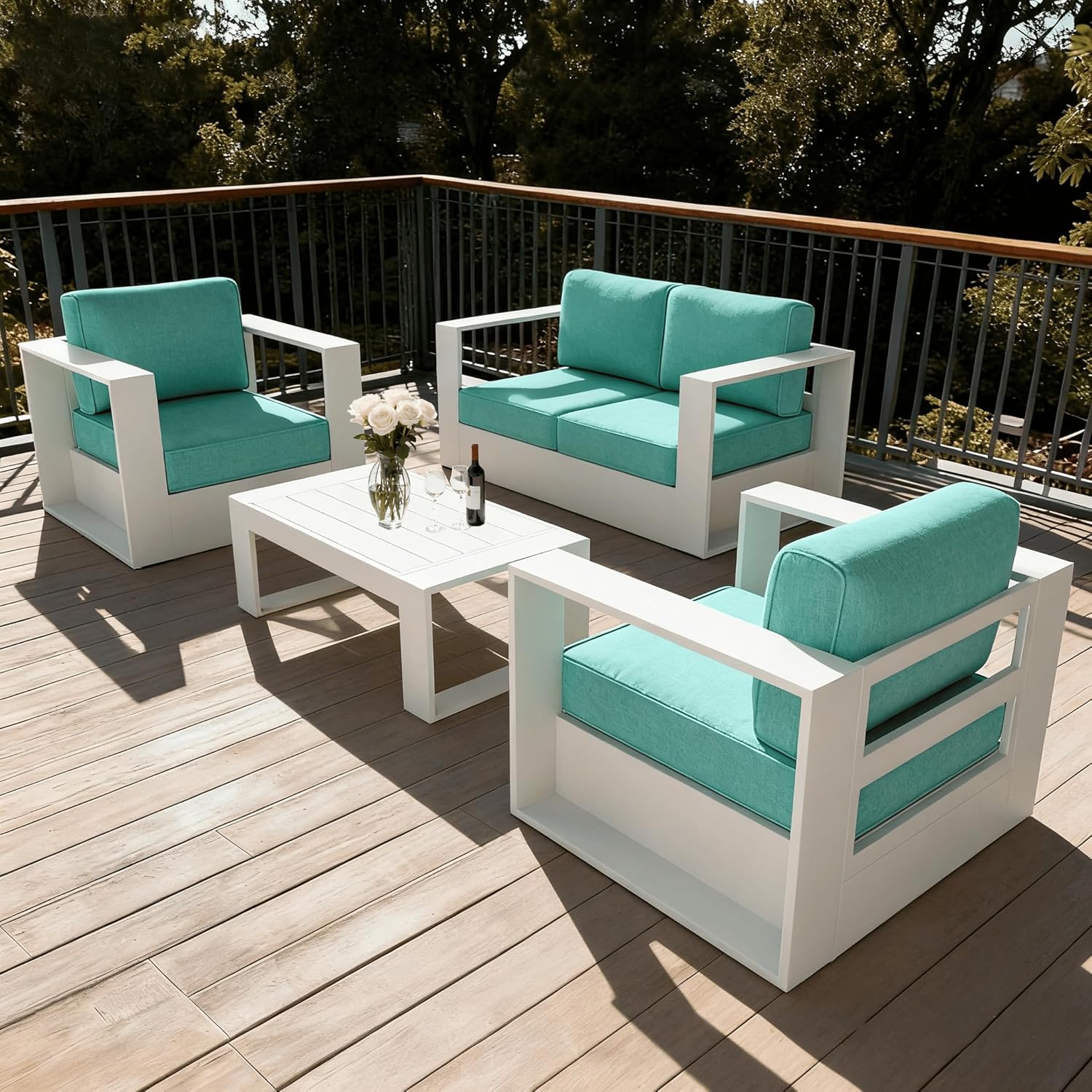 LayinSun Oversized Aluminum Outdoor Furniture Set, 5 Piece Patio Sofa Sets with Coffee Table, Deep Seating and Upgraded 6-inch Cushions for Porch, Balcony, Deck