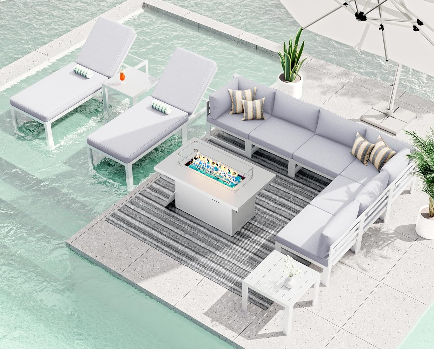 RADIATA 7 Piece Luxury Aluminum Outdoor Sectional Sofa with Fire Pit Table, Oversized L Shaped Patio Furniture Set, 29 inch Deep Wide Seating, 500 lbs Heavy Duty Comfy Conversation Set for Yard, White