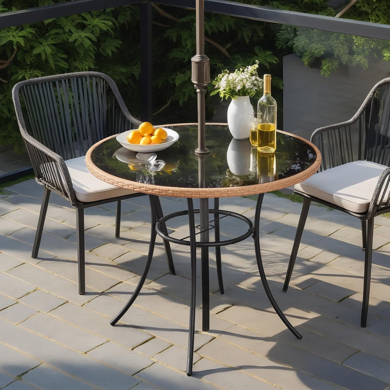 ECOTOUGE Outdoor Round Patio Desk, Wicker Dining Table with Umbrella Hole, Tempered Glass Top for 4-5 Persons, Bistro Rattan Furniture Garden Tables for Balcony, Backyard, Black