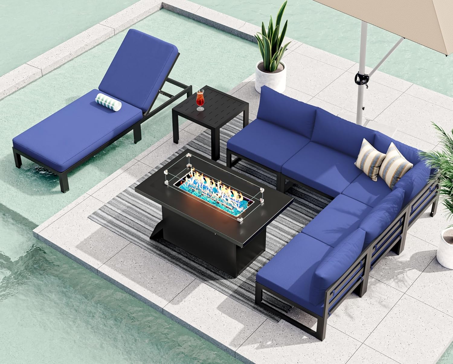 RADIATA 7 Piece Luxury Aluminum Outdoor Sectional Sofa with Fire Pit Table, Oversized L Shaped Patio Furniture Set, 29 inch Deep Wide Seating, 500 lbs Heavy Duty Comfy Conversation Set for Yard, White