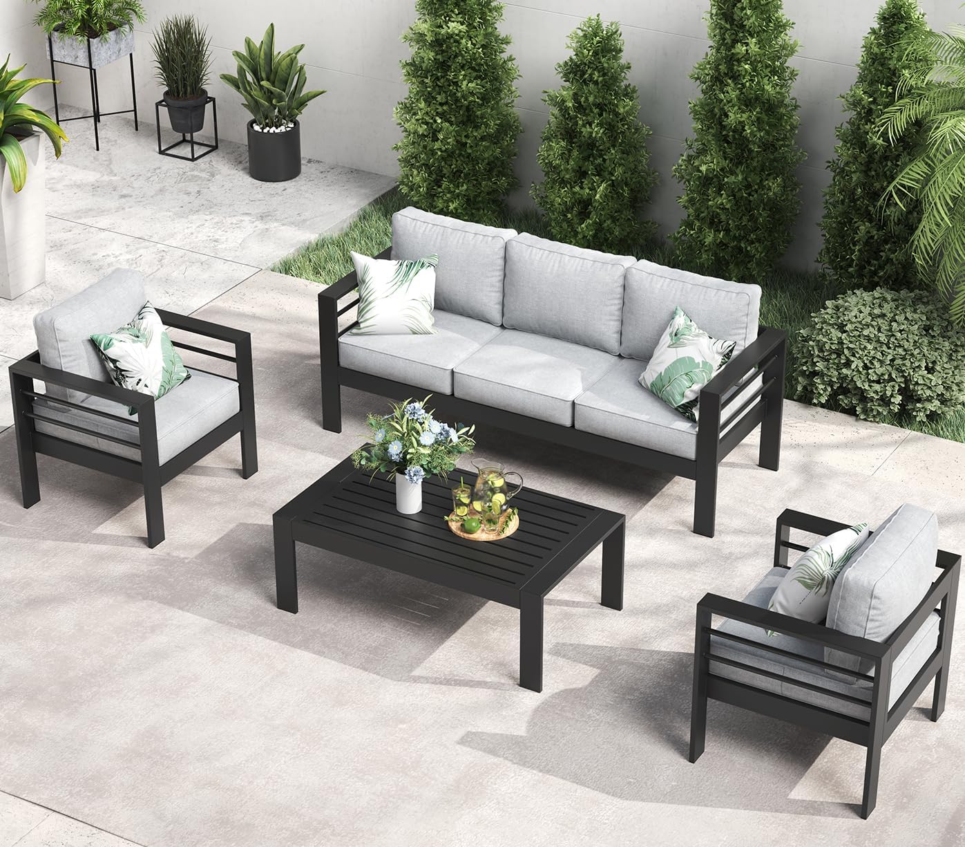 LayinSun Outdoor Aluminum Furniture Set, 5 Pieces Patio Sectional Conversation Chat Sofa Modern Seating Set with Coffee Table