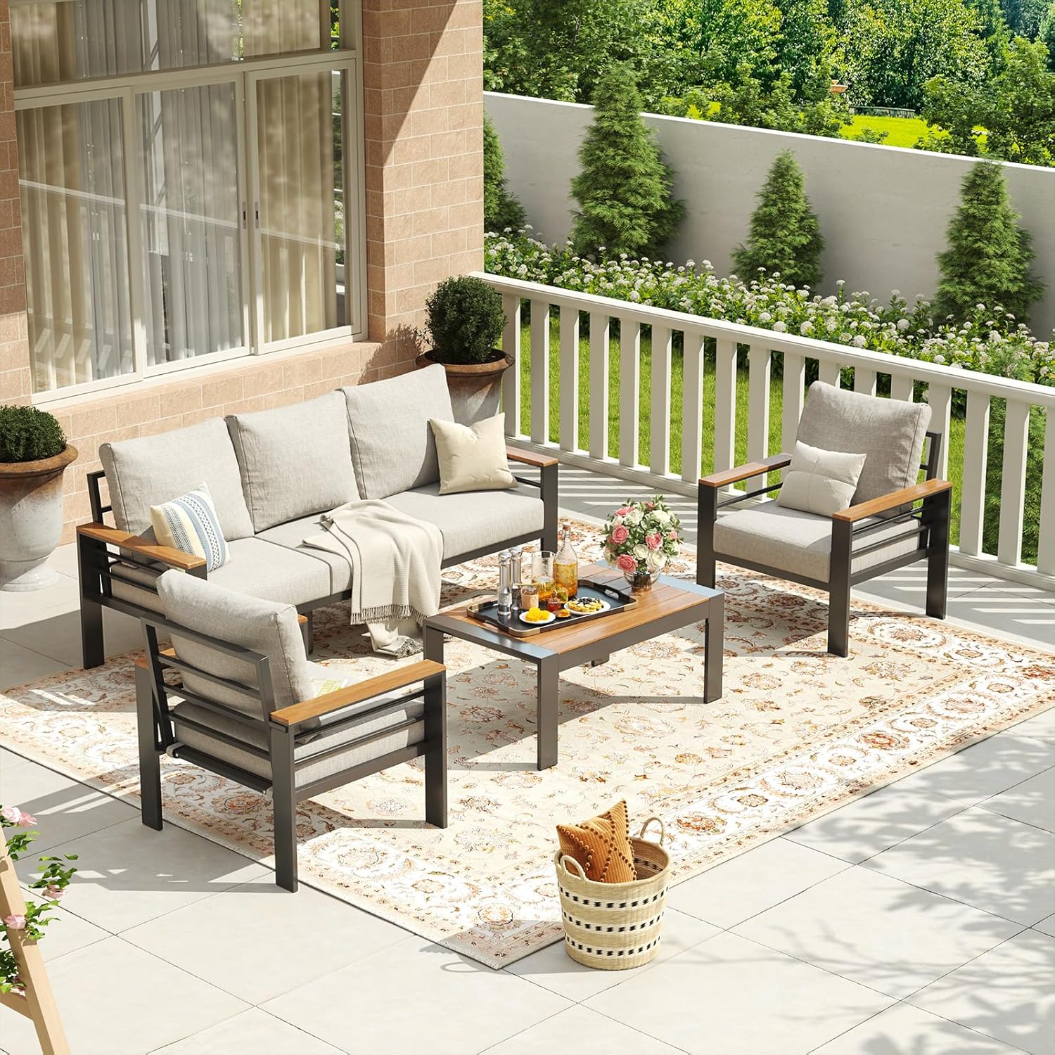 Aoxun Aluminum Patio Furniture Set 5 Seats, Oversized Outdoor Sectional with Washable Thick Cushions, Coffee Table, Patio Conversation Sets for Porch, Balcony, Deck