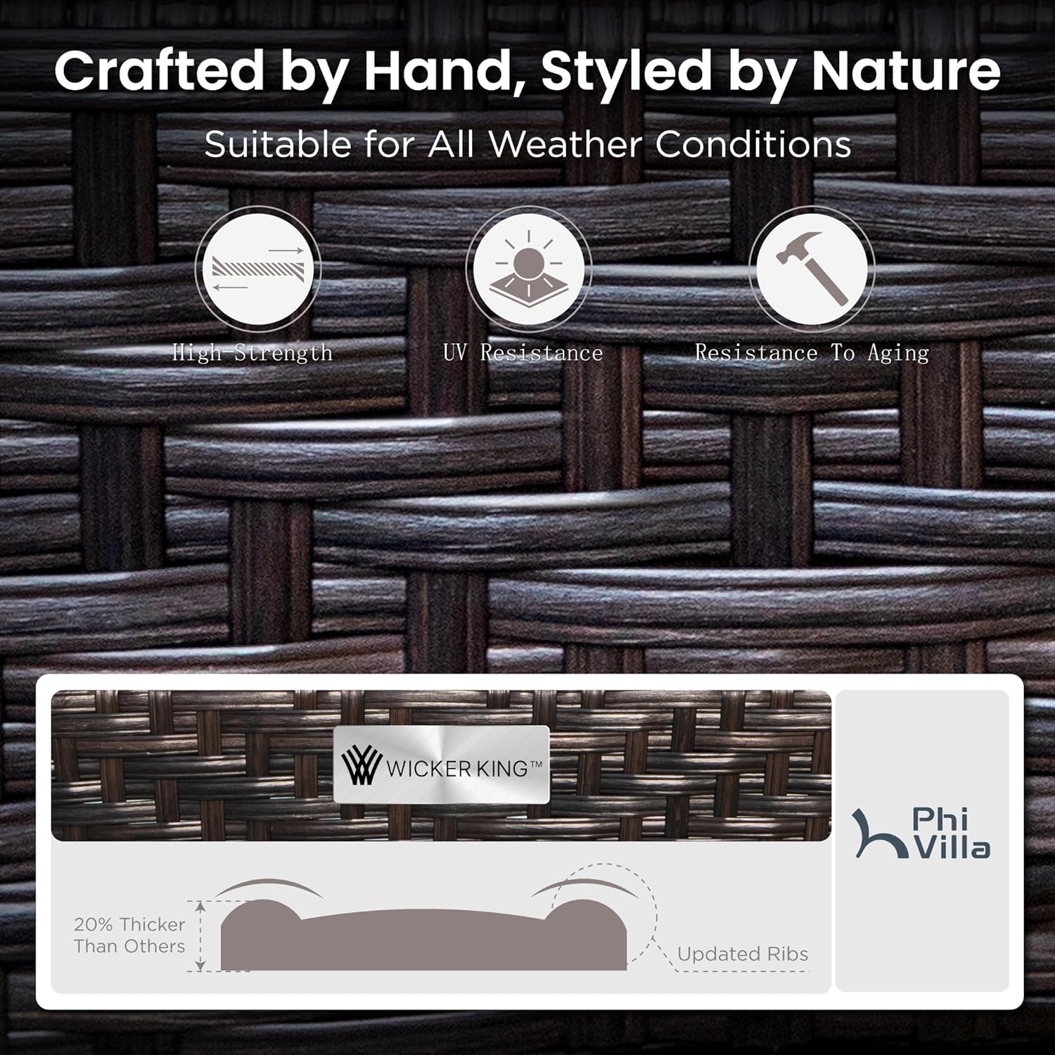 PHI VILLA Patio Rocking Chairs Set of 2, Outdoor Wicker Chairs with Thick Cushion, All Weather High Back Outdoor Furniture for Balcony Porch and Yard