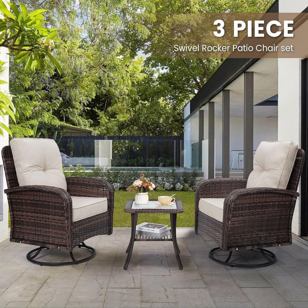 Luxury Outdoor Swivel Wicker Glider Patio Chairs with Table Set, Overstuffed Washable Cushions, Ideal for Porch, Balcony, Deck, Brown Rattan and Beige Cushion