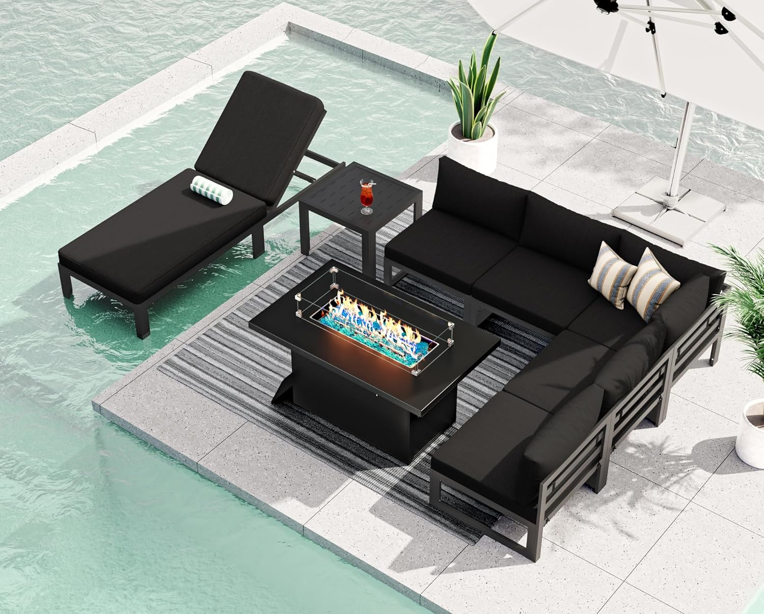 RADIATA 7 Piece Luxury Aluminum Outdoor Sectional Sofa with Fire Pit Table, Oversized L Shaped Patio Furniture Set, 29 inch Deep Wide Seating, 500 lbs Heavy Duty Comfy Conversation Set for Yard, White