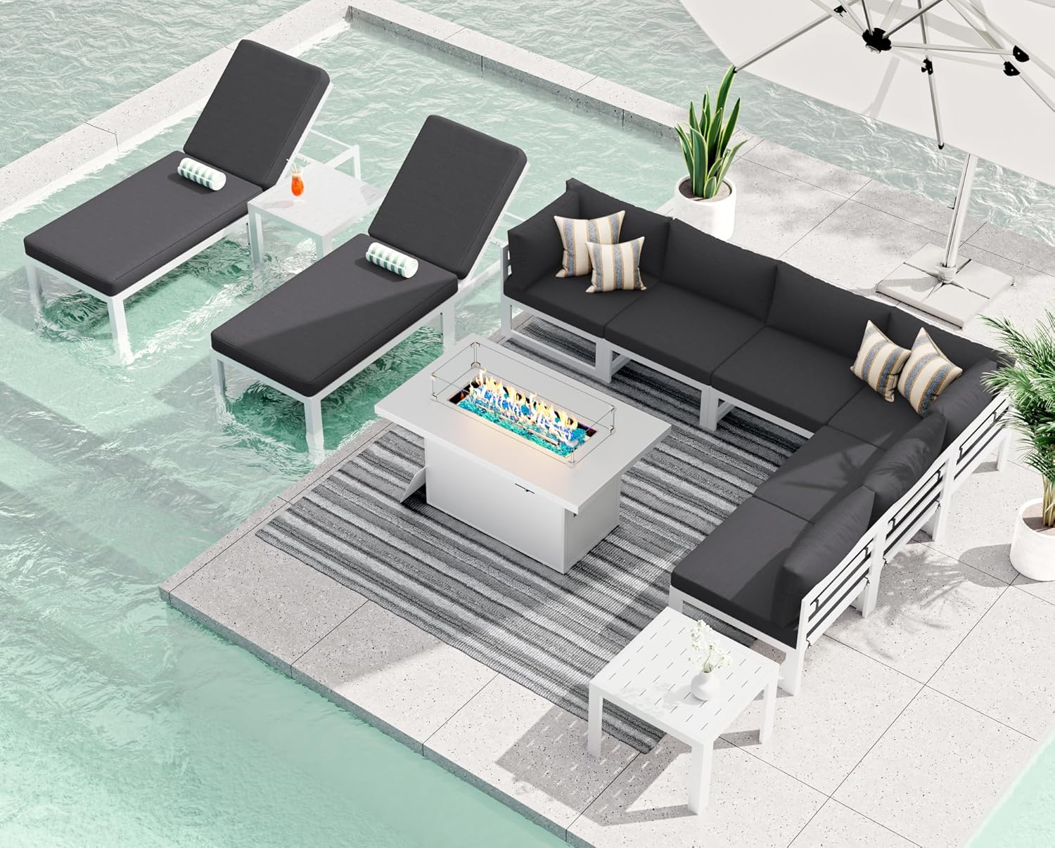 RADIATA 7 Piece Luxury Aluminum Outdoor Sectional Sofa with Fire Pit Table, Oversized L Shaped Patio Furniture Set, 29 inch Deep Wide Seating, 500 lbs Heavy Duty Comfy Conversation Set for Yard, White