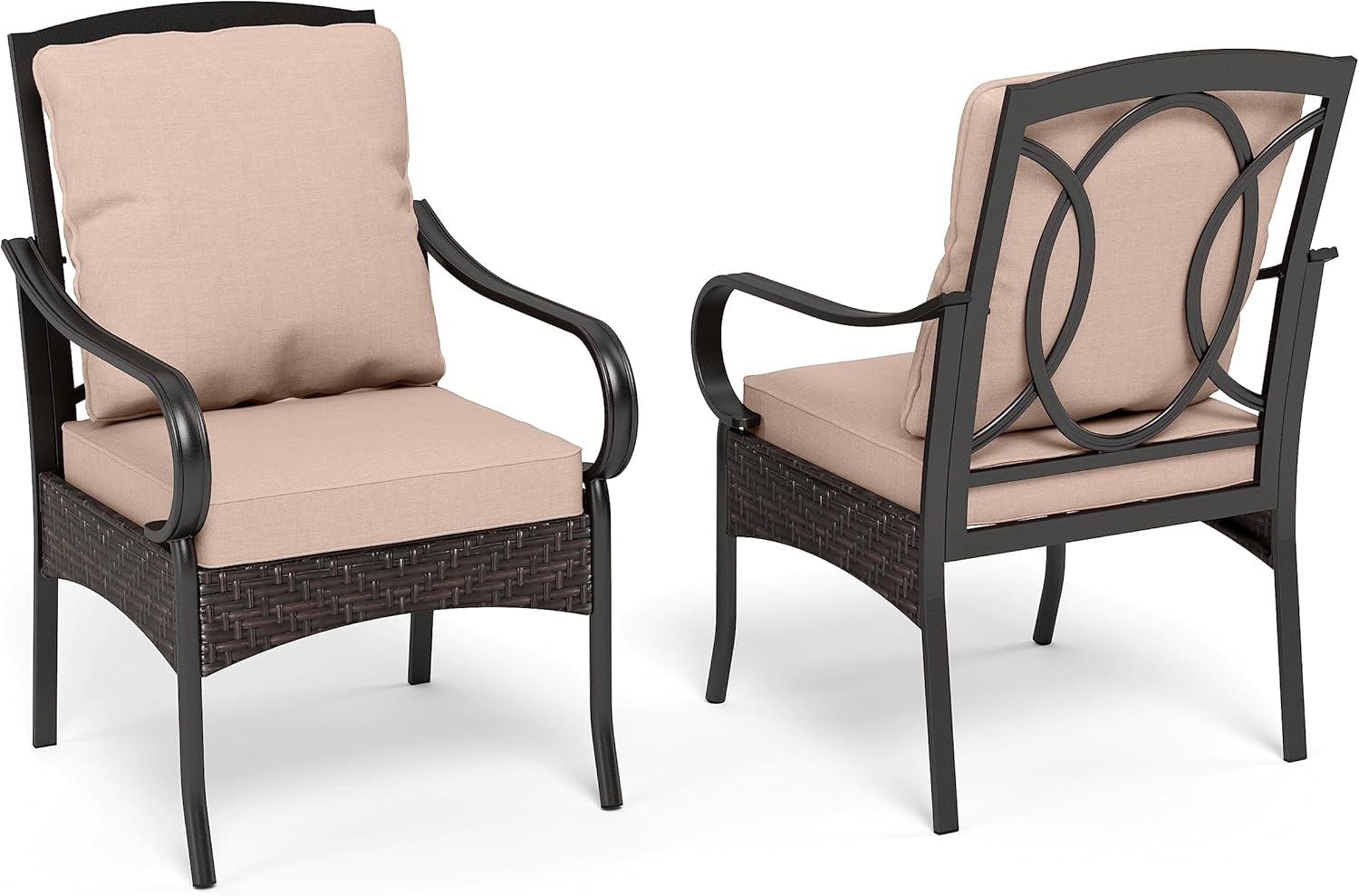 PHI VILLA Patio Swivel Chairs Set of 2, Heavy Duty Outdoor Metal Wicker Dining Chair with Thickened Cushions, Large All Weather Wrought Iron Deck Chair Lawn Furniture Support 300lbs