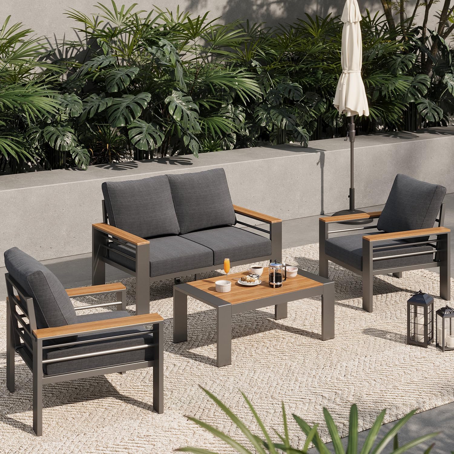 Aoxun Aluminum Outdoor Patio Furniture Set, 5 Seats Outdoor Sectional with Coffee Table, Patio Conversation Sets with Upgraded Armrests and Cushions for Backyard, Garden and Poolside
