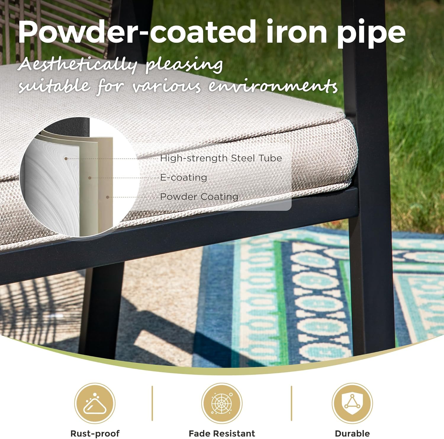 Patio Wicker Chair Sets of 2, Outdoor Dining Chairs with 3.1 inch Seat Cushions, Sturdy Metal Frame & Wood Grain Armrest, Patio Dining Chairs for Porch Backyard, Beige