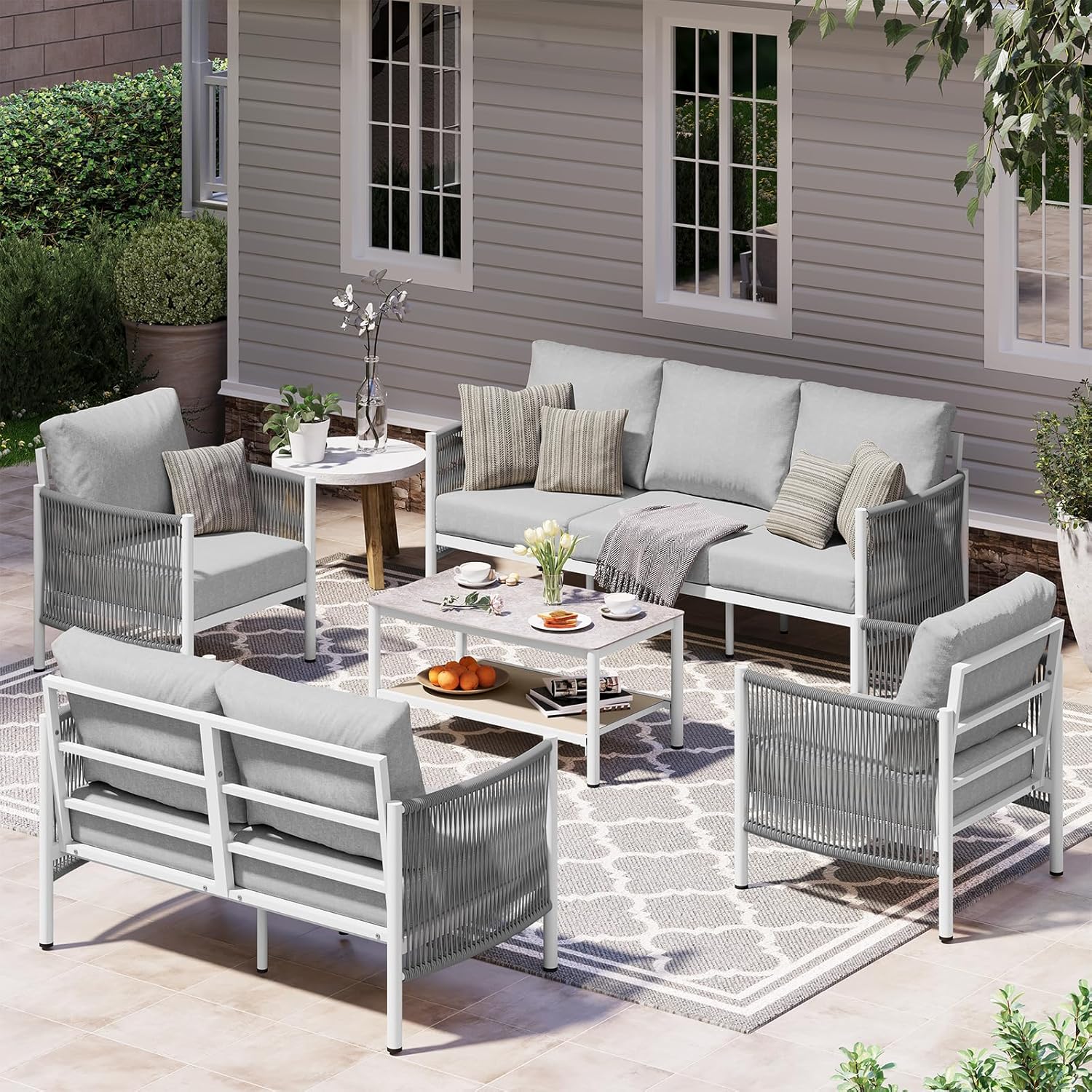 Aluminum Outdoor Patio Furniture Set, HDPE Rope 5 Piece Modern Sectional Conversation Sets with Dual-Layer Coffee Table, All Weather Patio Couch Sofa with Thick Cushions, Silver Frame, Beige