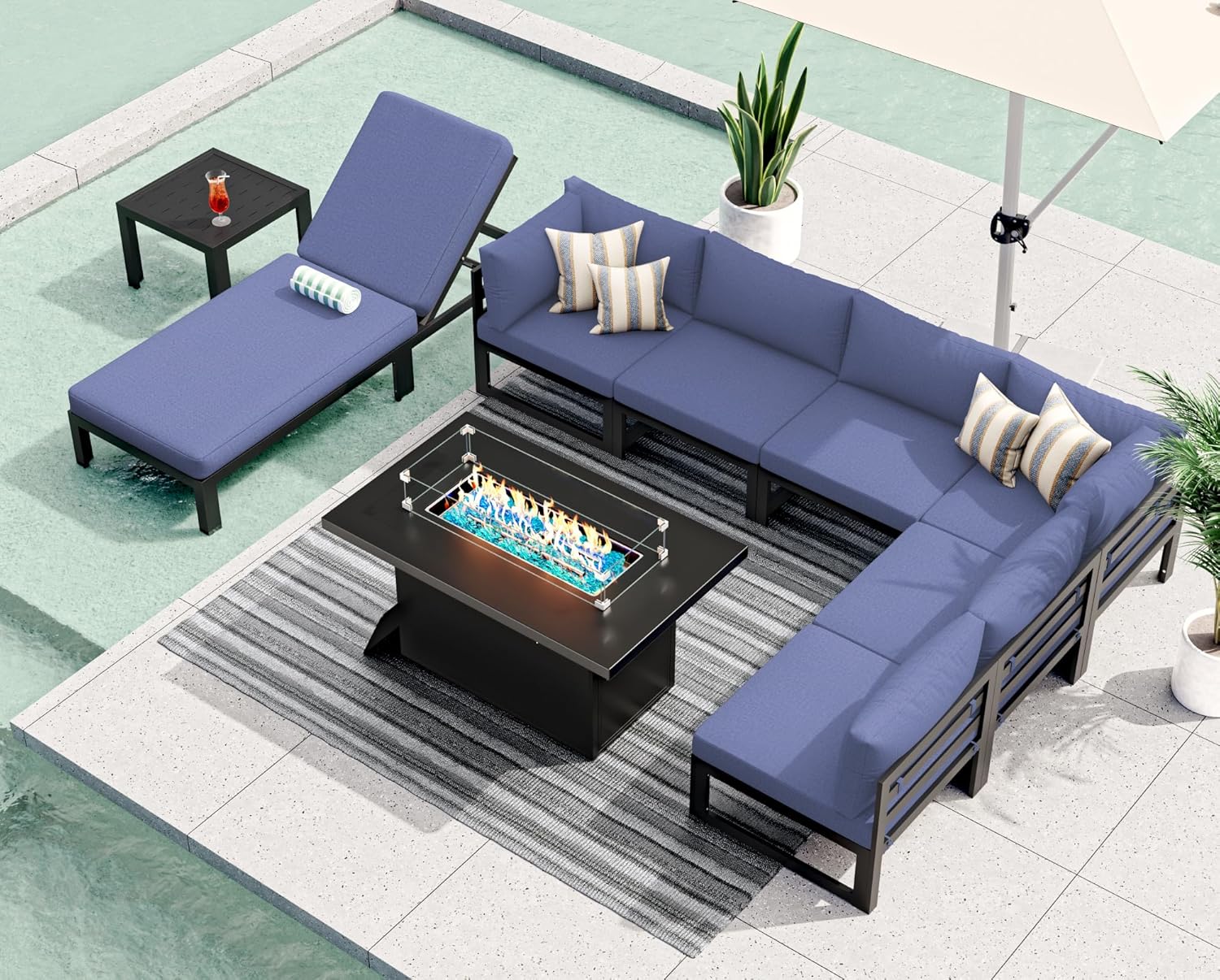 RADIATA 7 Piece Luxury Aluminum Outdoor Sectional Sofa with Fire Pit Table, Oversized L Shaped Patio Furniture Set, 29 inch Deep Wide Seating, 500 lbs Heavy Duty Comfy Conversation Set for Yard, White