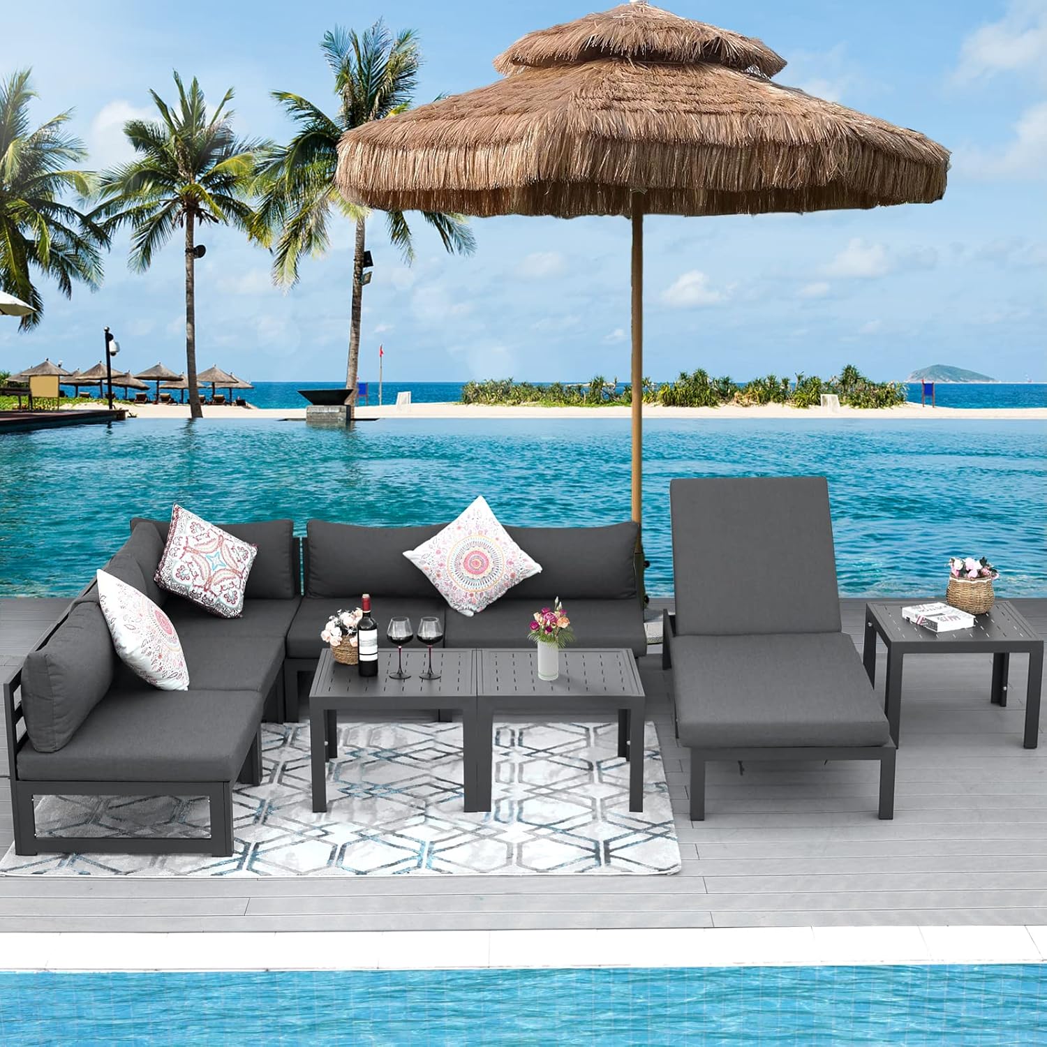 RADIATA 7 Piece Luxury Aluminum Outdoor Sectional Sofa with Fire Pit Table, Oversized L Shaped Patio Furniture Set, 29 inch Deep Wide Seating, 500 lbs Heavy Duty Comfy Conversation Set for Yard, White