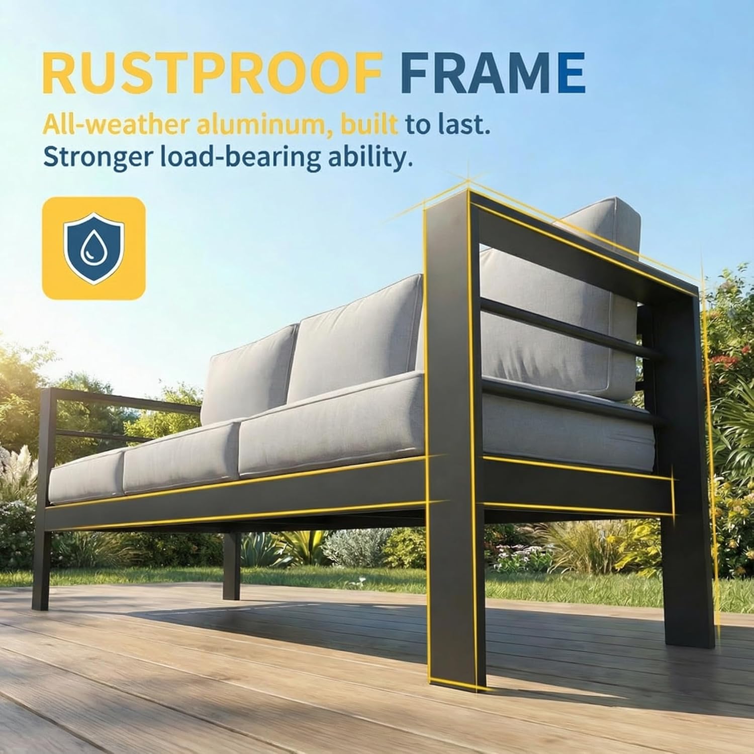 Solaste Aluminum Patio Furniture Set, 5 Seats Modern Outdoor Conversation Set Sectional Sofa with Upgrade Cushion and Coffee Table,Black Frame and Grey Cushion