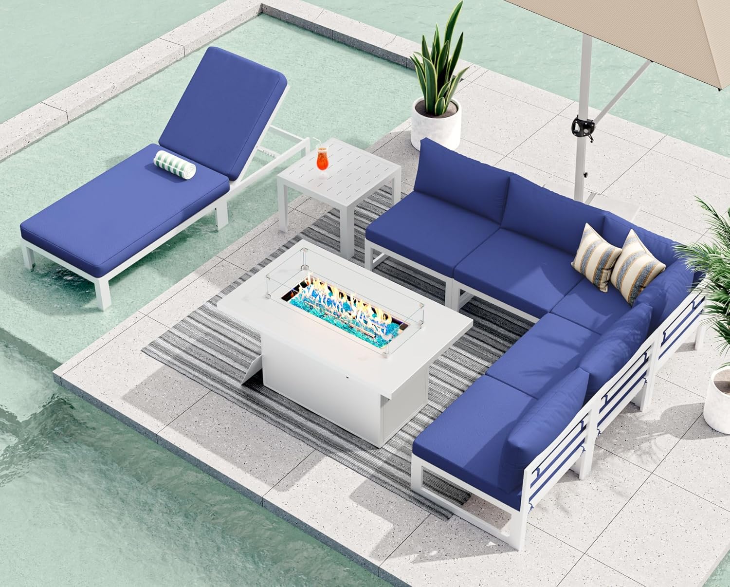 RADIATA 7 Piece Luxury Aluminum Outdoor Sectional Sofa with Fire Pit Table, Oversized L Shaped Patio Furniture Set, 29 inch Deep Wide Seating, 500 lbs Heavy Duty Comfy Conversation Set for Yard, White