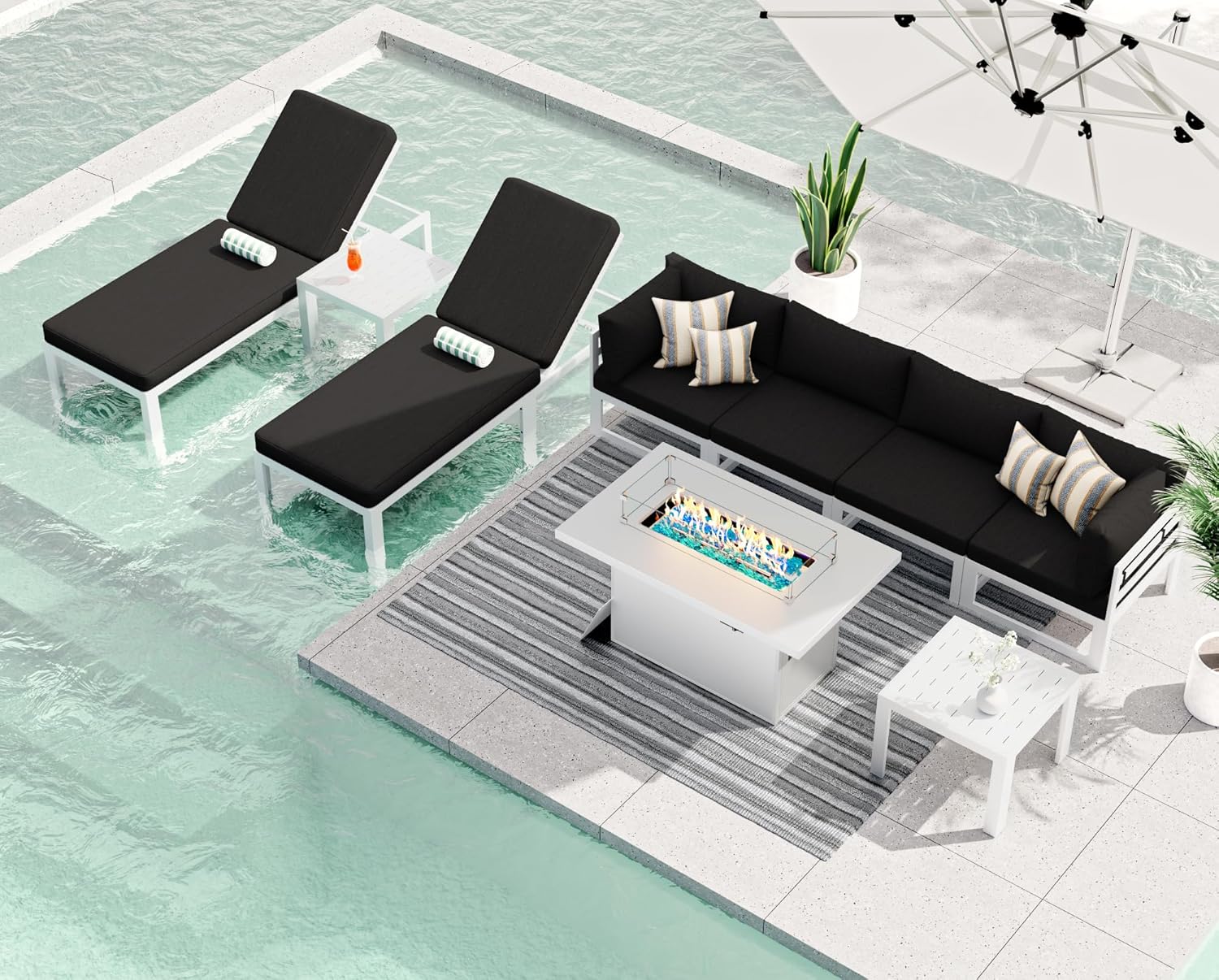 RADIATA 7 Piece Luxury Aluminum Outdoor Sectional Sofa with Fire Pit Table, Oversized L Shaped Patio Furniture Set, 29 inch Deep Wide Seating, 500 lbs Heavy Duty Comfy Conversation Set for Yard, White