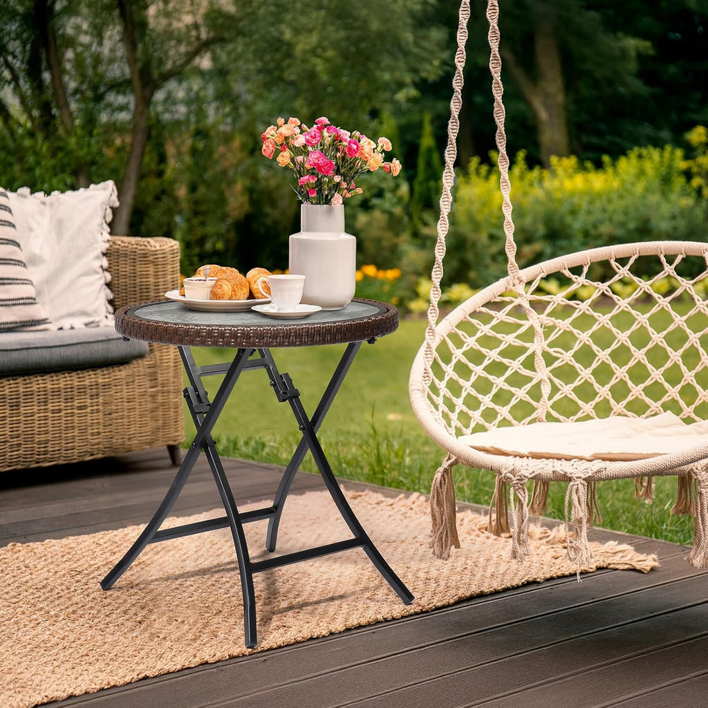 VINGLI Modern Brown Rattan Folding Glass Outdoor Side Table, Small Patio Table with Tempered Glass Top, Round, 1 Pack