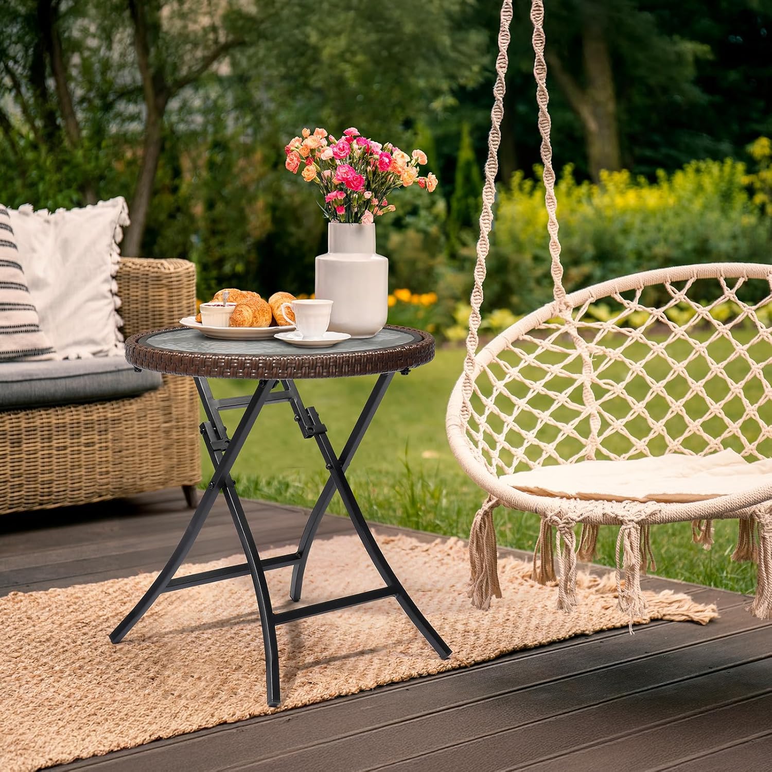 VINGLI Modern Brown Rattan Folding Glass Outdoor Side Table, Small Patio Table with Tempered Glass Top, Round, 1 Pack
