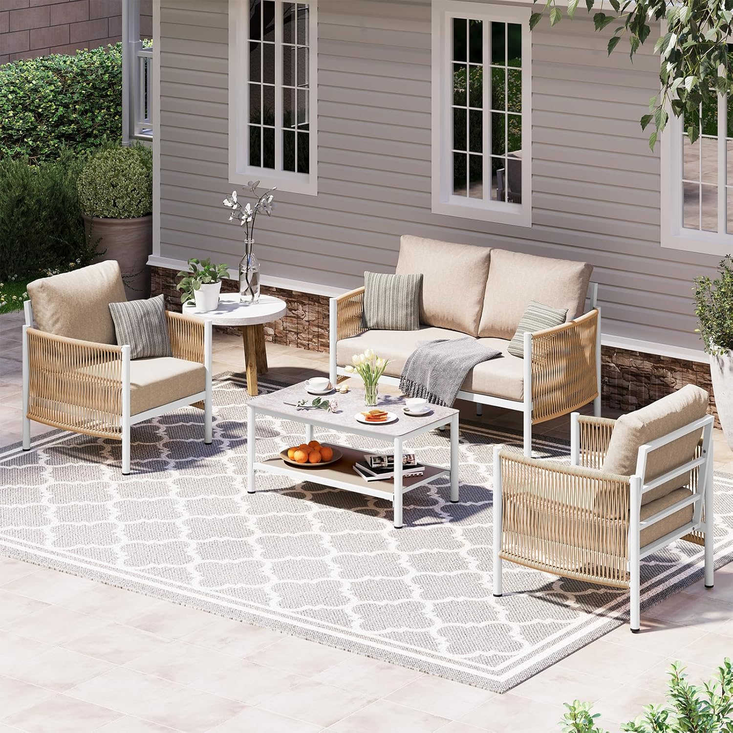 Aluminum Outdoor Patio Furniture Set, HDPE Rope 5 Piece Modern Sectional Conversation Sets with Dual-Layer Coffee Table, All Weather Patio Couch Sofa with Thick Cushions, Silver Frame, Beige