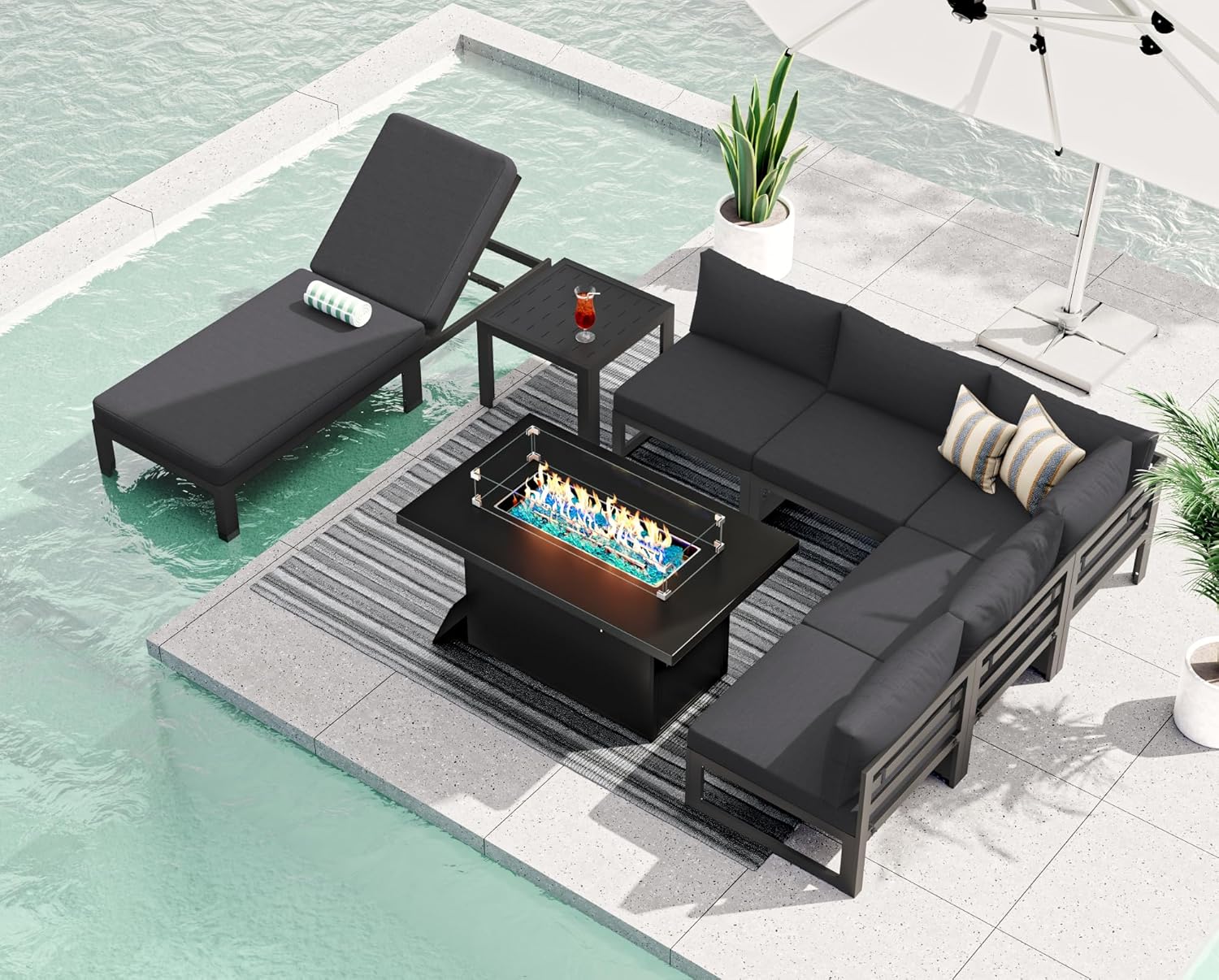 RADIATA 7 Piece Luxury Aluminum Outdoor Sectional Sofa with Fire Pit Table, Oversized L Shaped Patio Furniture Set, 29 inch Deep Wide Seating, 500 lbs Heavy Duty Comfy Conversation Set for Yard, White