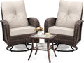 Luxury Outdoor Swivel Wicker Glider Patio Chairs with Table Set, Overstuffed Washable Cushions, Ideal for Porch, Balcony, Deck, Brown Rattan and Beige Cushion